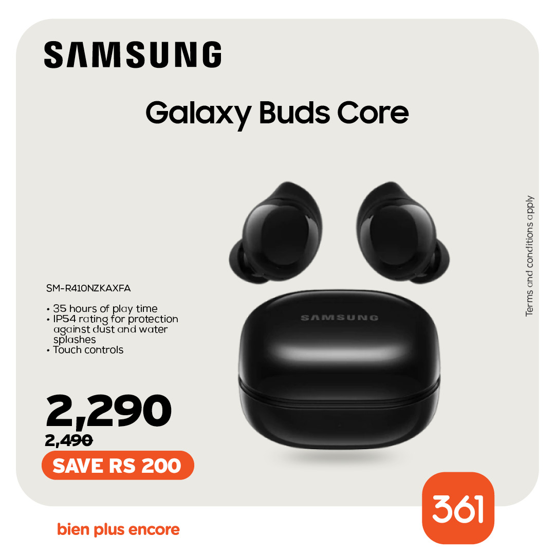 May be an image of text that says "SAMSUNG Galaxy Buds Core SM-R41ONZKAXFA SM- IP54ratingforrotection IP54 ating hours play time rotection against lust ind water splashes Touchcontrols ·Touch controls Aa វា 2,290 2,490 SAVE RS SAVERS200 200 bien p...