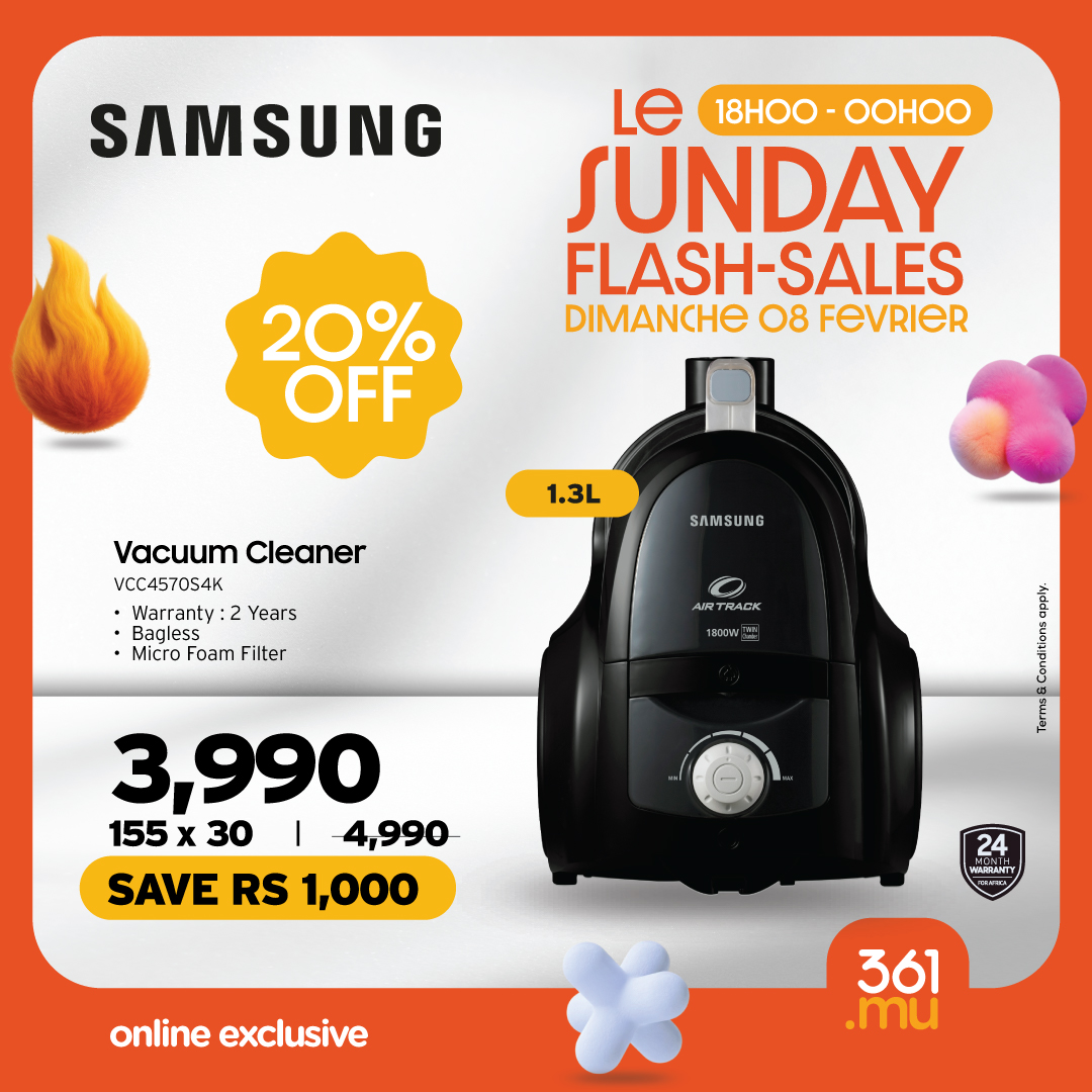 May be an image of water heater and text that says "SAMSUNG Le 18HOO 18HOO-OOHOO OOHOO SUNDAY FLASH-SALES DIMANCHE 08 FeVRIER 20% OFF 1.3L Vacuum Cleaner VCC457054K Warranty 2 Years Bagless Micro Foam Filter SAMSUNG ARTRACK 1800 1803W 3,990 155 x 30 4,...
