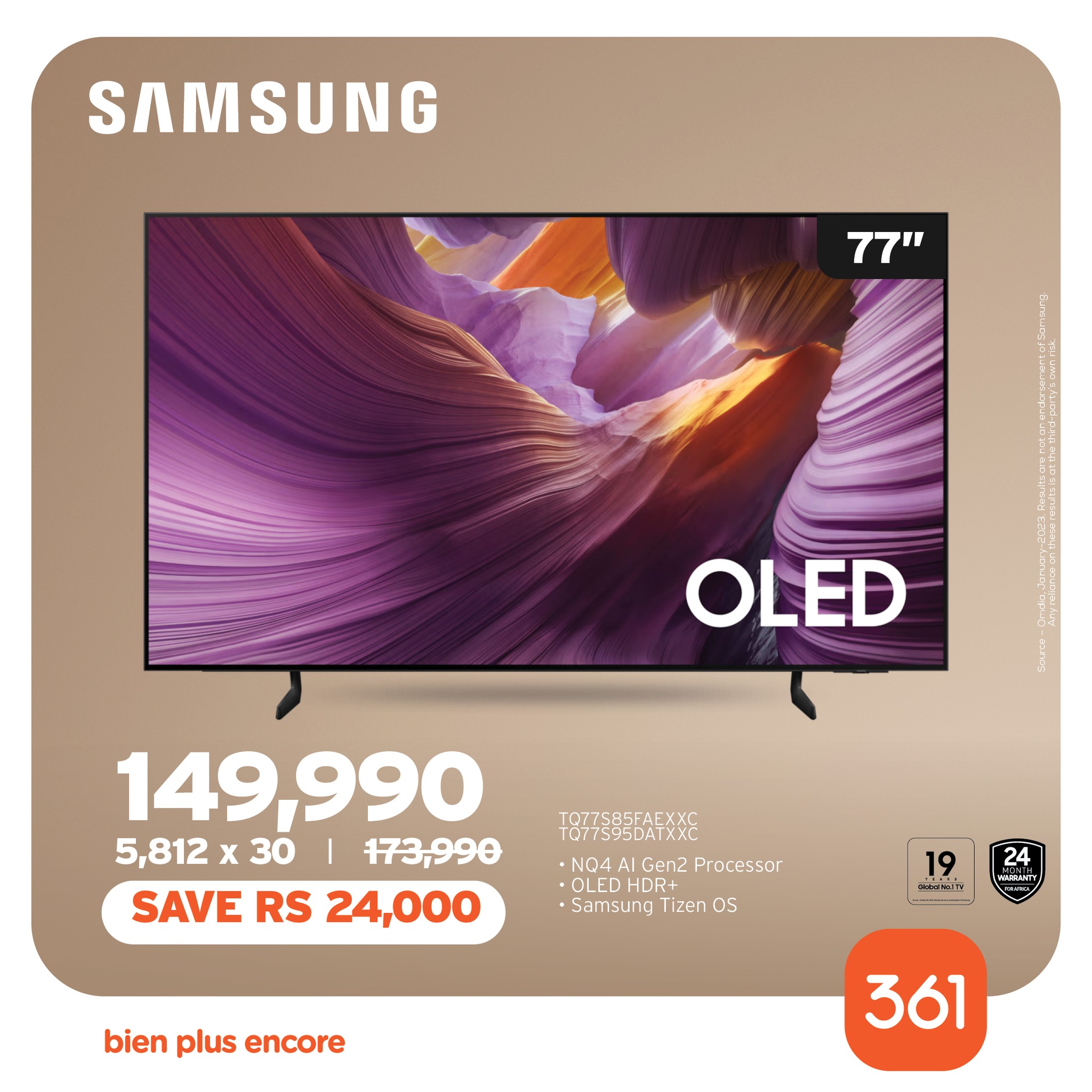 May be an image of television and text that says "SAMSUNG 77" OLED 149,990 5,812 x 30 173,990 SAVE RS 24,000 T077585FAFXXC 10/7595DAIXXC ·N04AIGen2Processor Gen2 Processor NO4 .OLED HDR+ รอทาธนา Tizen oS 19 สมห3 24 WE bien plus enc...