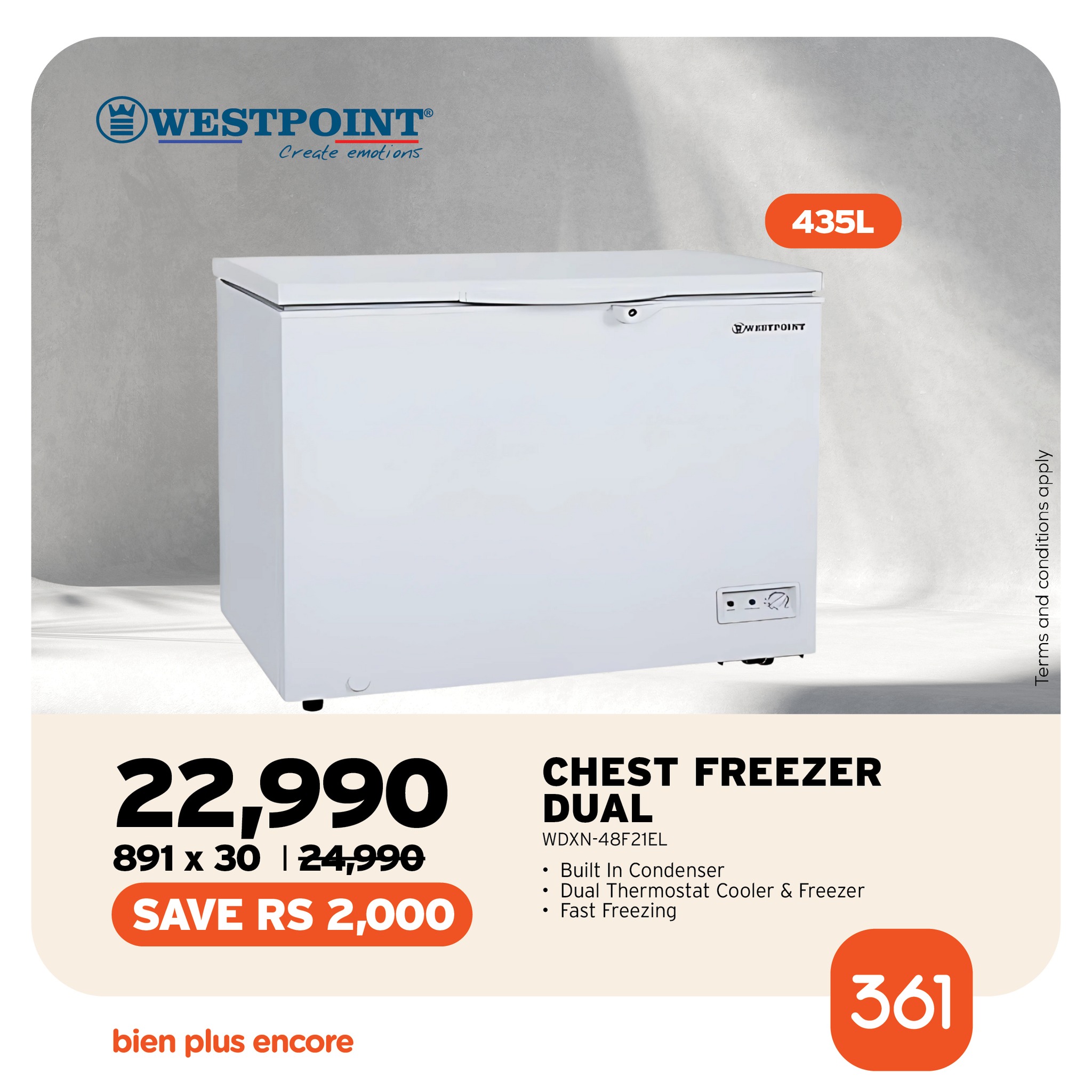 May be an image of water heater and text that says "WESTPOINT WESTI ΟΙΝΤ Create Createemetions emotions 435L SMRITOINT い 22,990 891 x 30 24,990 SAVE RS 2,000 CHEST FREEZER DUAL WDXN- 48F21EL WDXN-48F21EL F21EL BuiltI Condenser Dual ualThe Thermos...