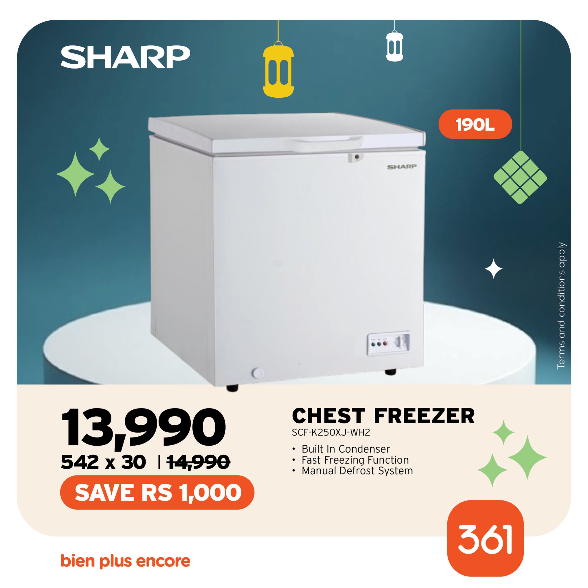 May be an image of water heater and text that says "SHARP I0 190L SHARP 9 ၉ 13,990 542 x 30 14,990 SAVE RS 1,000 CHEST FREEZER SCF-K250XJ-WH2 WH2 Built Condenser FastFreezingFunctio Fast Freezing Function Manual Defrost System bien plus encore 361"