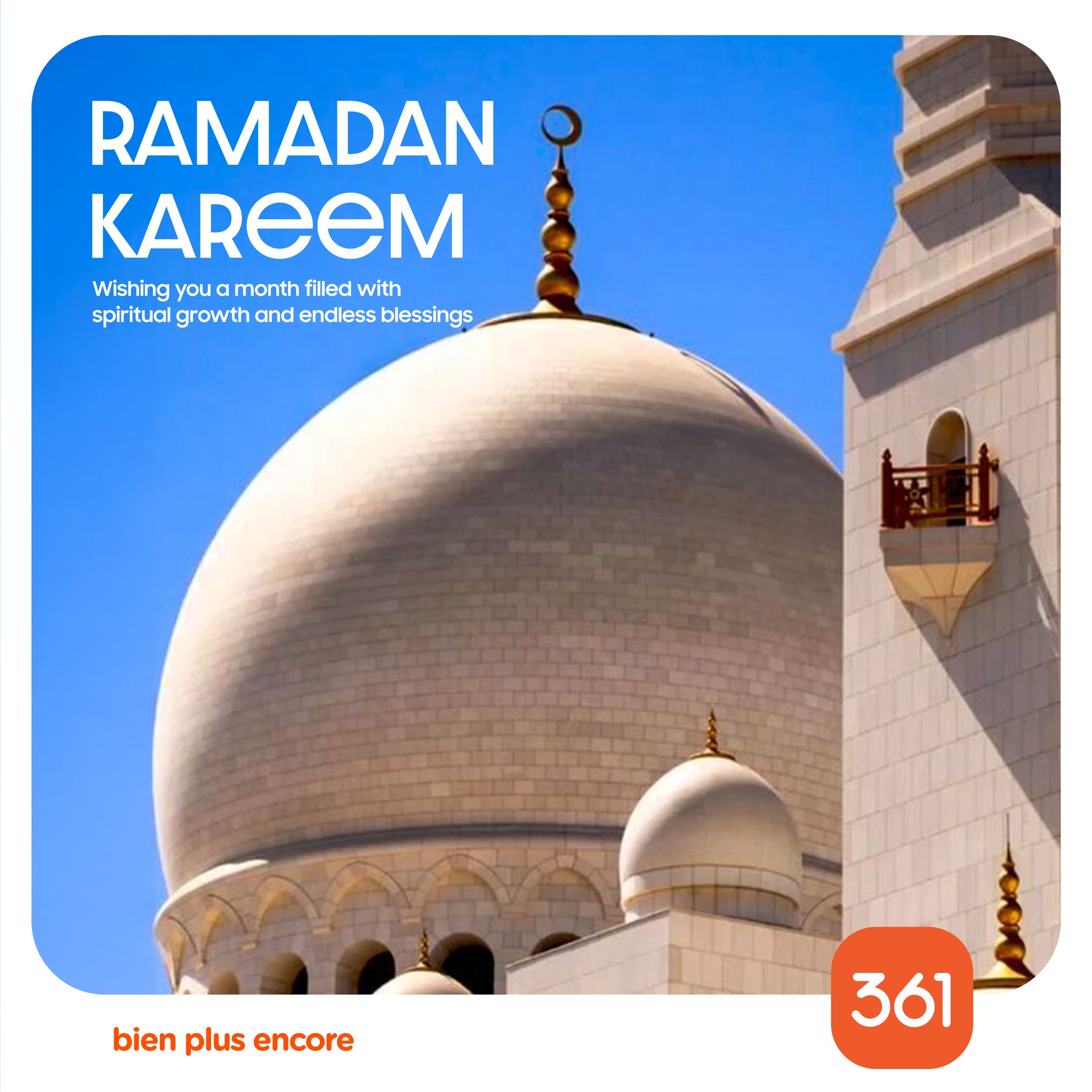 May be an image of text that says "RAMADAN KAReeM Wishing you Wishingyouamonthfledwith amonth filled with spiritual spirtualgrowthandendlesbessngs growth and endless blessings bien plus bienplusencore encore 361"