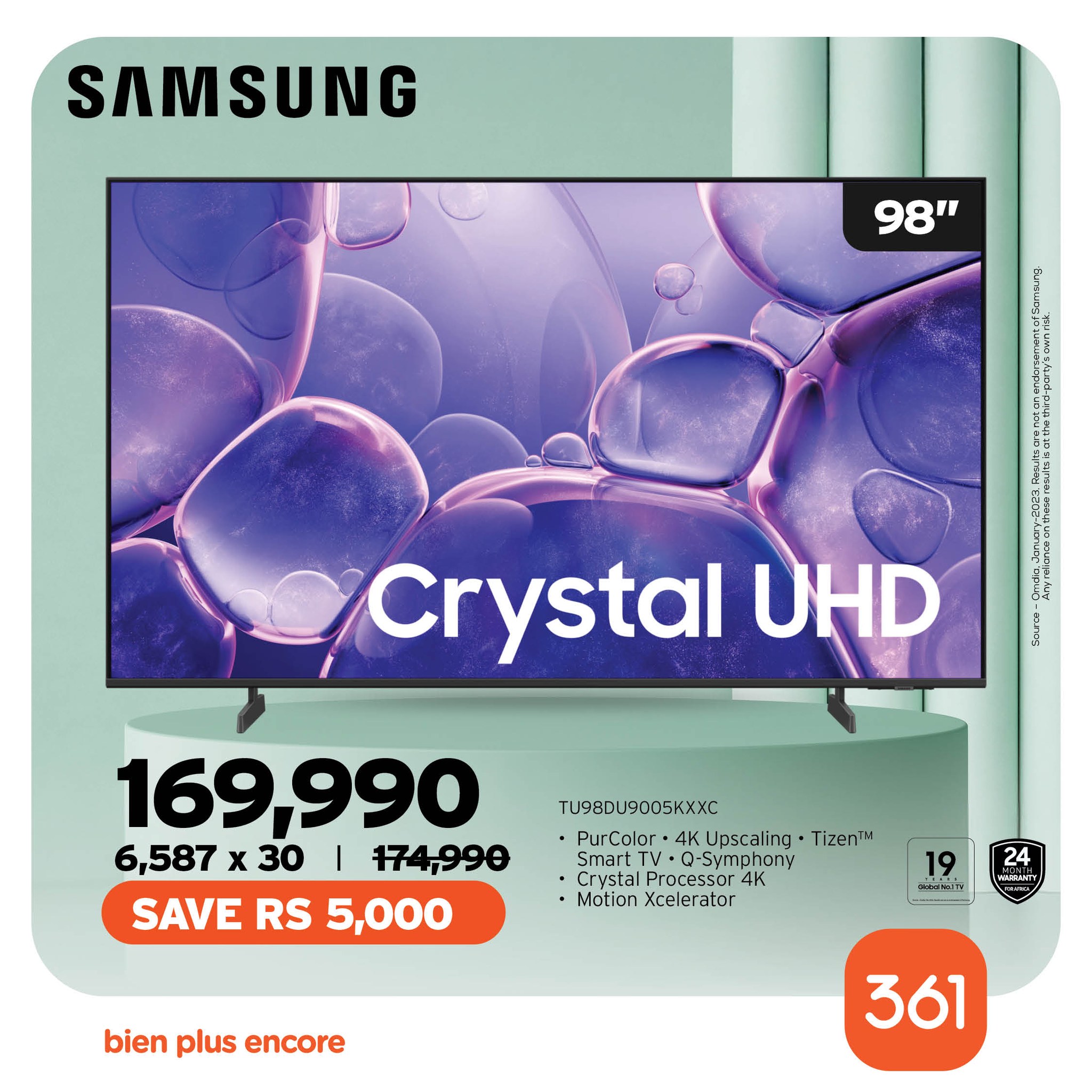 May be an image of ‎text that says "‎SAMSUNG 98" Crystal UHD အ 169,990 6,587 x 30 174,990 SAVE RS 5,000 TLI98DU900SKXXC PurColer+4KUpscaing·Tizen™ Upscaling Tizen PurColor+ 5mart Q-Symphony Crysta Processor 4K Motion 19 ل באאא 24 WELH bie...