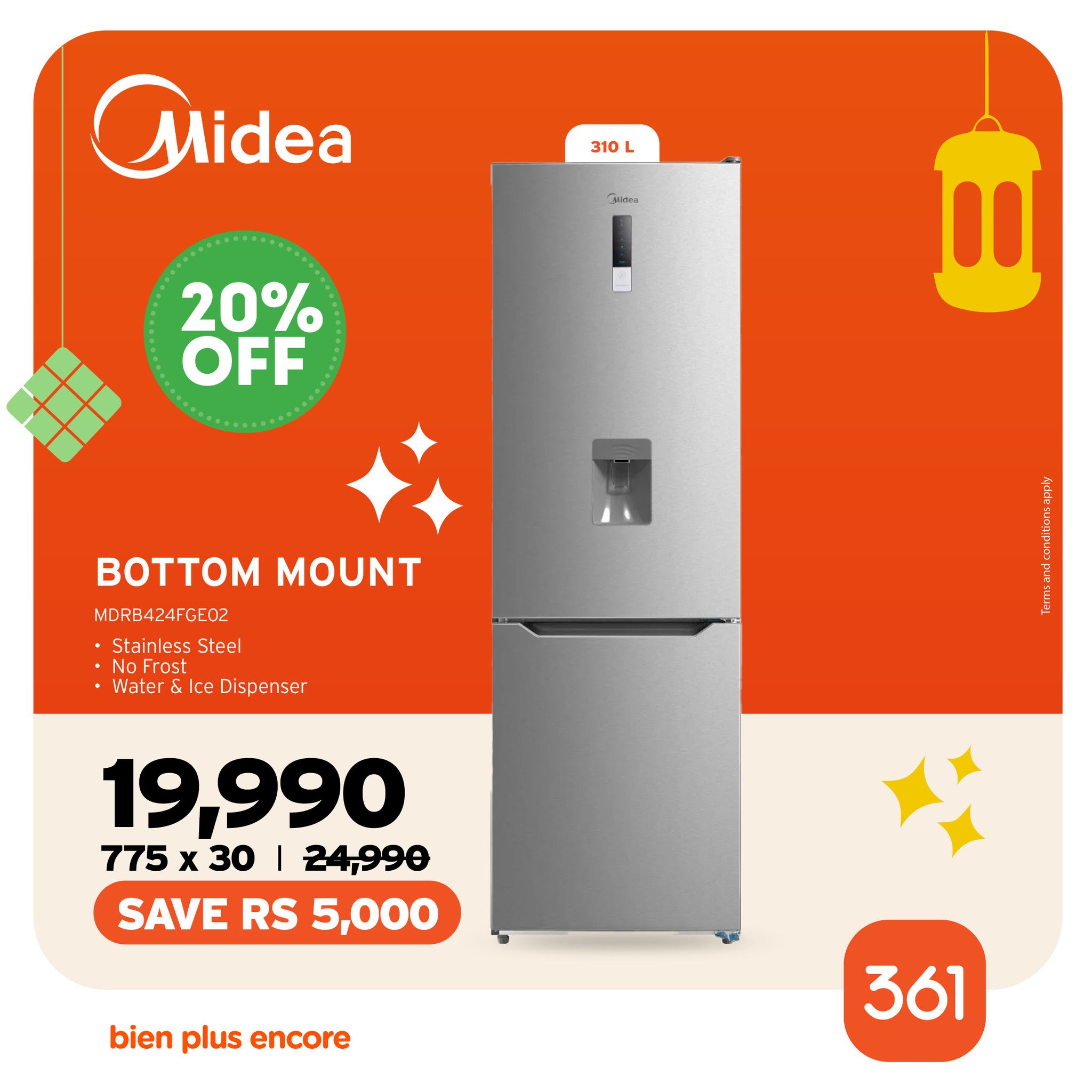 May be an image of water heater and text that says "310 Midea Cab 20% OFF BOTTOM MOUNT MDRB424FGE02 Stainless less Steel NoFro Frost Water & ce Dispenser F 2 19,990 775 x 30 I 24,990 SAVE RS 5,000 bien plus encore 361"