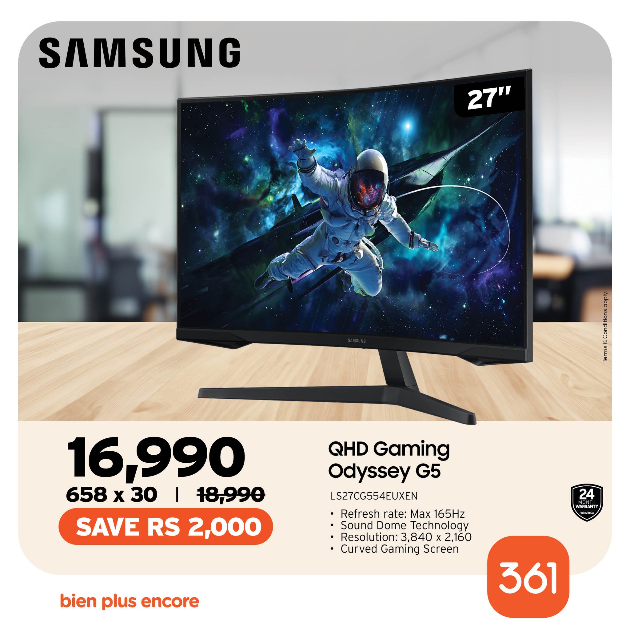 May be an image of television and text that says "SAMSUNG 27" 16,990 658 x 30 18,990 SAVE RS 2,000 QHD Gaming Odyssey G5 LS27CG554EUXEN Refresh Max 165Hz SoundDemeTechnology Sound Dome Techn echnolog Resolution:3 ,840 2,160 Curved CurvedGaming Gaming S...
