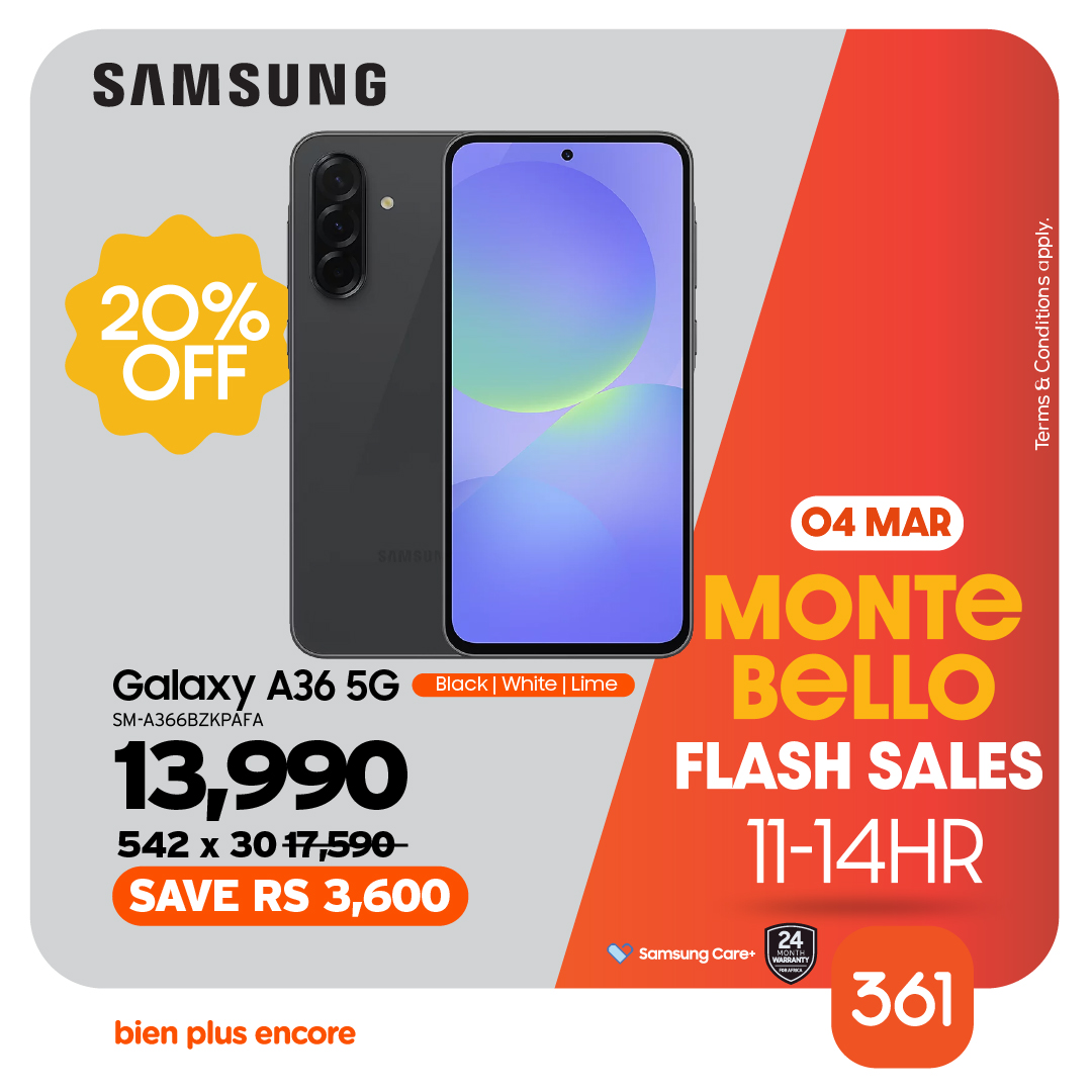 May be an image of phone and text that says "SAMSUNG 20% OFF foc oaan 0 Surs Black White Lime Galaxy A36 5G SM-A366BZKPAFA 13,990 542 x 30 #7,590 SAVE RS 3,600 04 MAR MONTE BELLO FLASH SALES 11-14HR bien plus encore 24 amsung Care+ + VHRRANTT HMM 361"