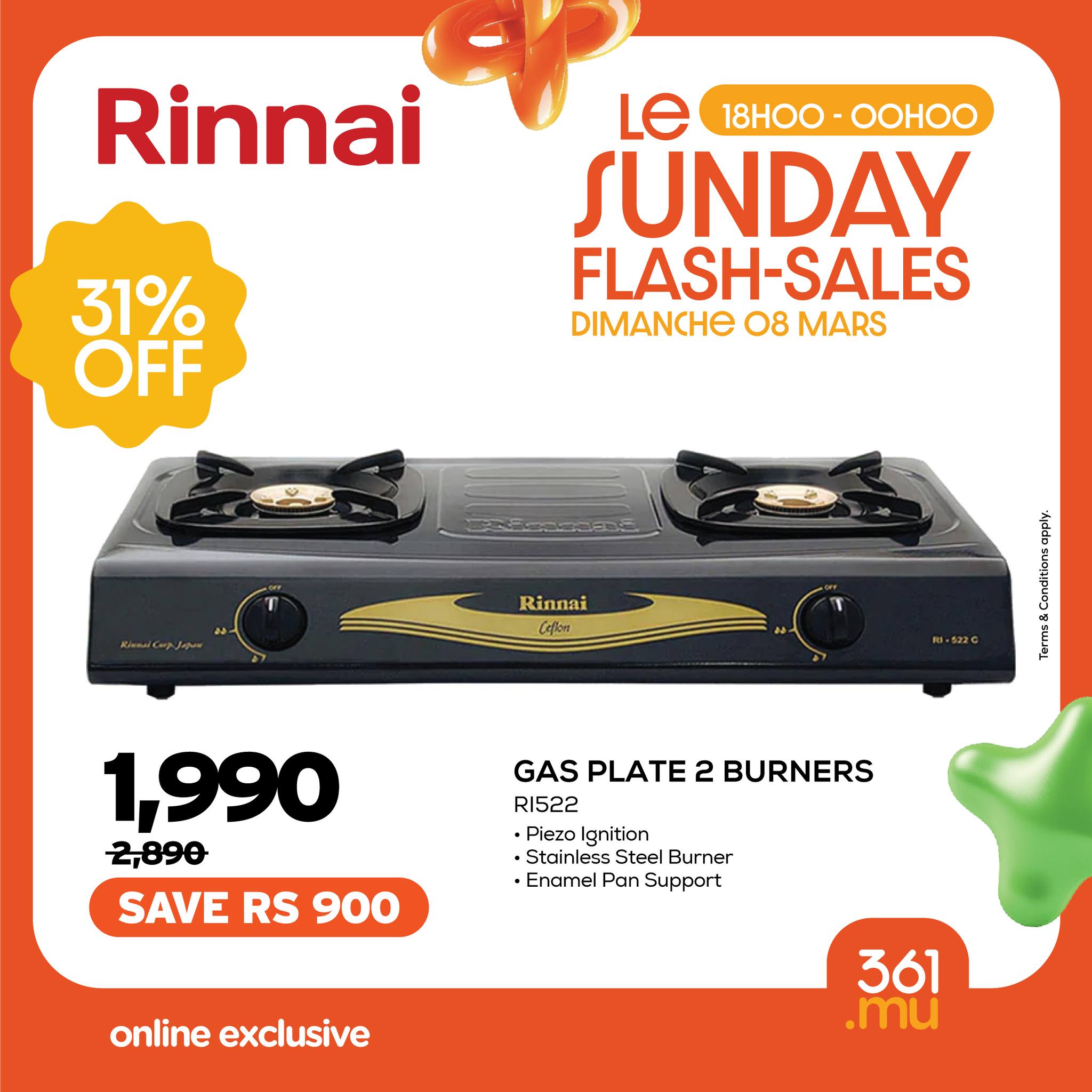 May be an image of text that says "Rinnai Le 18HO0 18H-OOHOO OOHOO SUNDAY FLASH-SALES DIMANCHE 08 MARS 31% OFF NEcomeaDo Rinnai CEH R.N22C ANRAR 1,990 2,890 SAVE RS 900 GAS PLATE 2 BURNERS RI522 Piezo Ignition Stainless 5teel StainlessSteelBurner Burne...