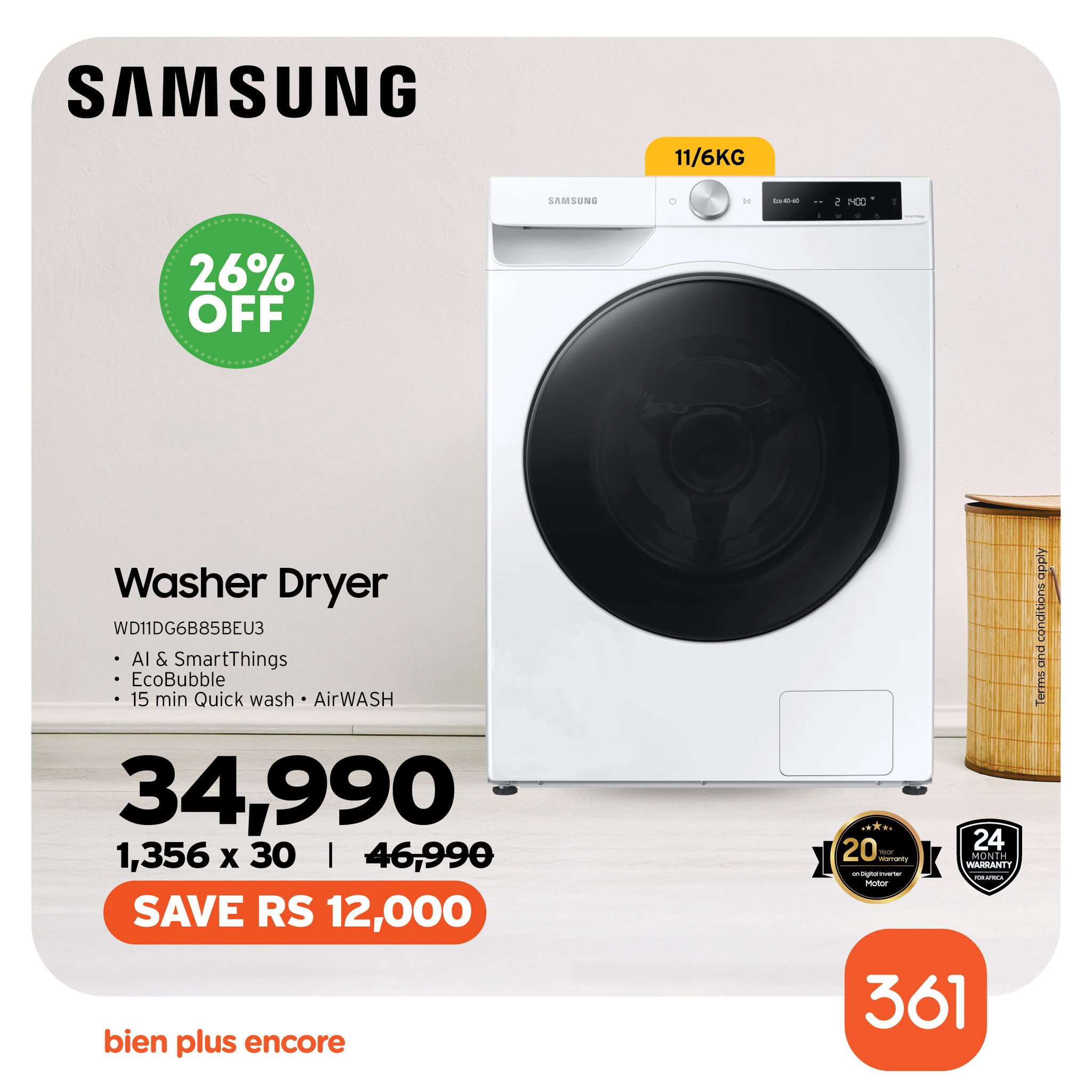 May be an image of water heater and text that says "SAMSUNG 11/6KG ли ヒンーガース PW pEMI 26% OFF Washer Dryer WD11DG6885BEU3 Al&SmartThings EcoBubble 15 min Quick wash AirWASH 34 34,990 1,356 x 30 I 46,990 SAVE RS 12,000 24 MVERNTY [20- bien ...
