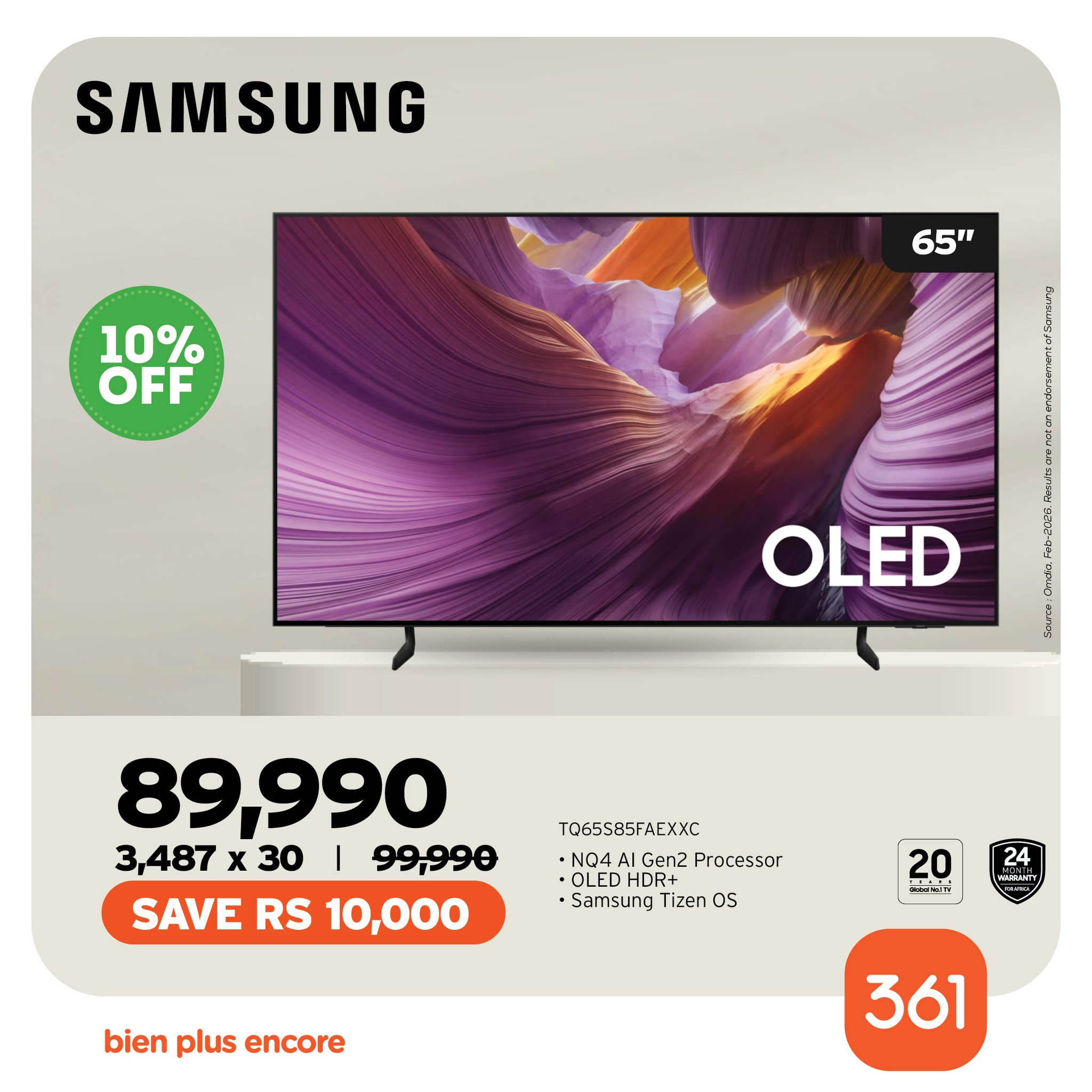 May be an image of ‎text that says "‎SAMSUNG 10% OFF 65" OLED 89,990 3,487 30 99990 SAVE RS 10,000 T0655B5FAEXXC •NQ4A Gen2 Processar •OLED HDR+ ·Samsung Tizen os 20 24 ב. Waw bien plus encore 361‎"‎