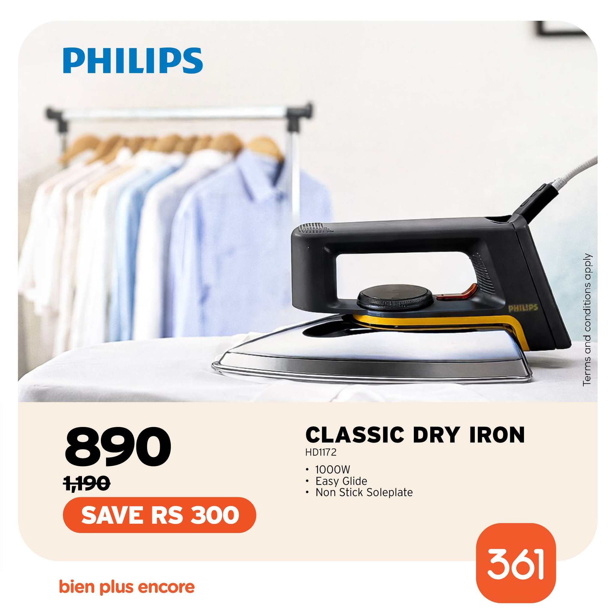 May be an image of clothes iron and text that says "PHILIPS AИHИ 2 Ana CLASSIC DRY IRON HD1172 1000W Easy Glide Non Stick Soleplate 890 1,190 SAVE SAVERS300 RS 300 bien plus encore 361"