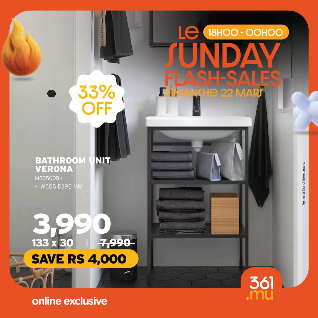 May be an image of text that says "Le 18HOO-OOHOO OOHOO 18HOO- SUNDAY FLASH- SH-SALES IDIMANCHE 22 MARS 33% OFF NIT BATHROOM VERONA MBO6OOBK W505D395MM W505 D395 MM 3,990 133 x 30 7,990 SAVE RS 4,000 ー 1 enan ana online exclusive 361 .mu"