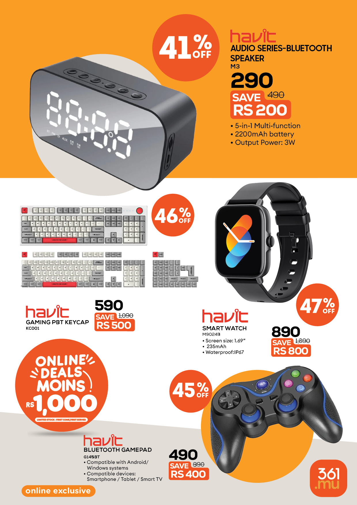 May be an image of ‎digital watch, controller, video games, portable cassette player, thermostat, timer, projector and ‎text that says '‎41プo OFF م UK havit AUDIO SERIES ERIES-BLUETOOTH SPEAKER m3 290 SAVE 490 200 •5-in-1 Multi-function Mult...