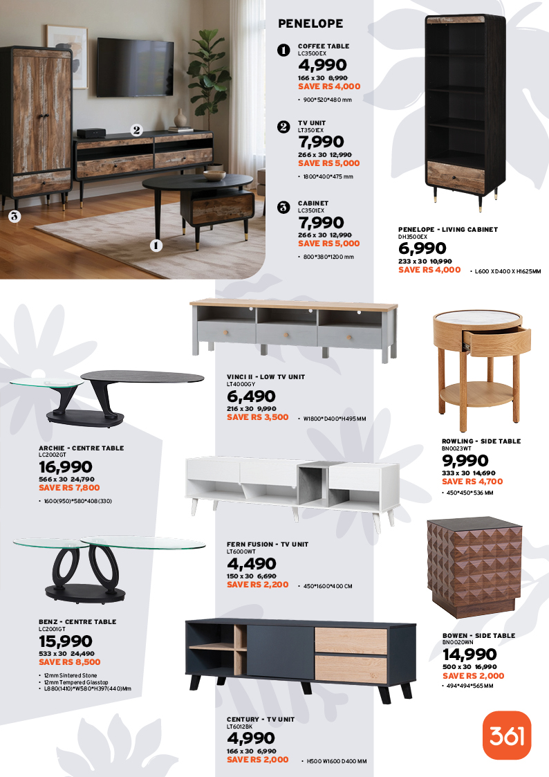 May be an image of credenza, speaker and text that says "PENELOPE COFFEE TABLE LC3500EX 4.990 166x30 30,990 SAVE S4,000 900*520*480mm LT350IEX 7,990 3 5,000 SAVE 1800*400*475 rem CABINET 7,990 266x3 12,990 SAVE SAVE RS 5,000 -LIVING CABINET DM3500EX .9...