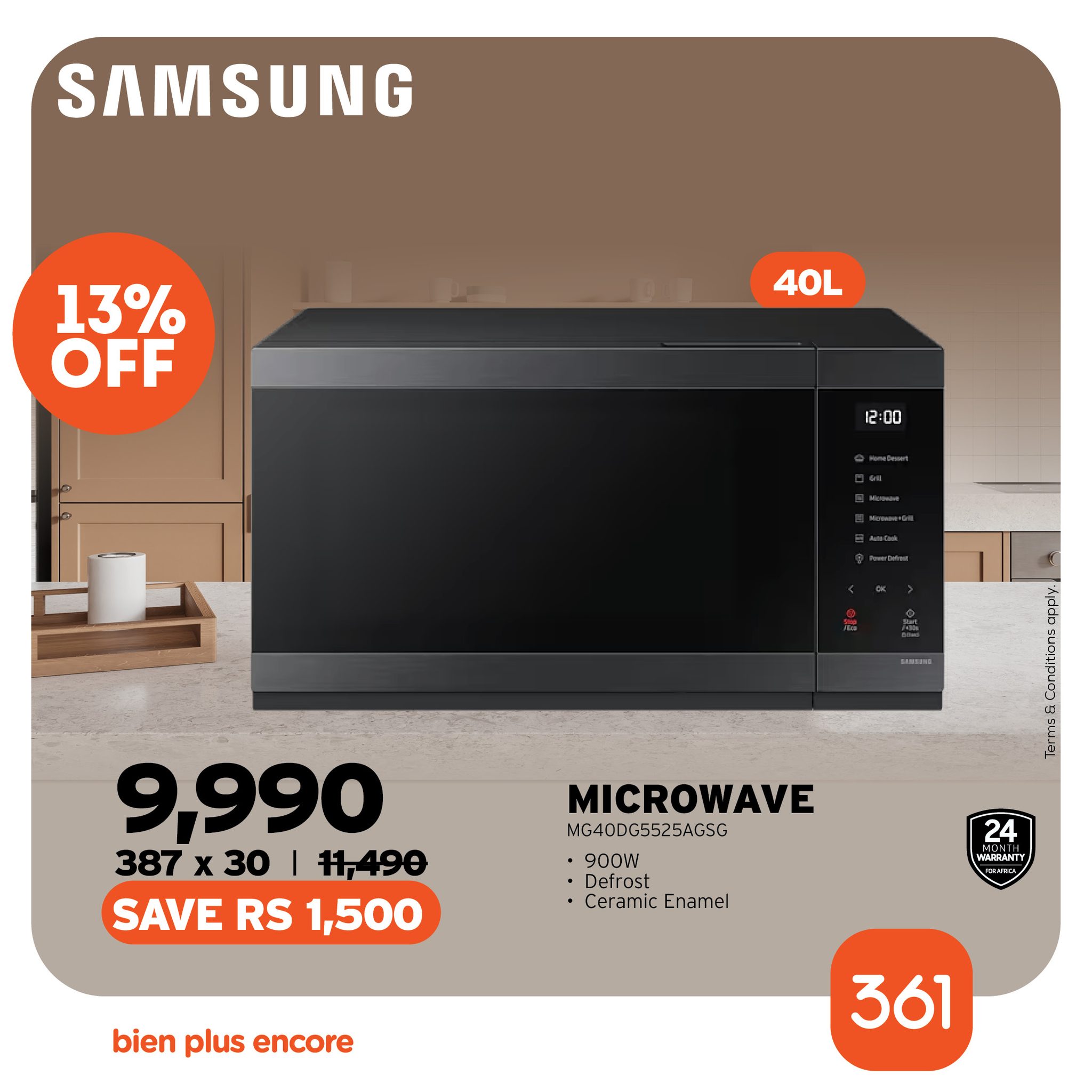 May be an image of water heater and text that says "SAMSUNG 13% OFF 40L 12:00 12: 9,990 387 x 30 キど SAVE RS 1,500 MICROWAVE MG40DG5525AGSG 900W Defrost Dofrost Ccramic •CeramicEnamcl Enamel enaman 24 ИR33AHΥ OIM bien plus encore 361"