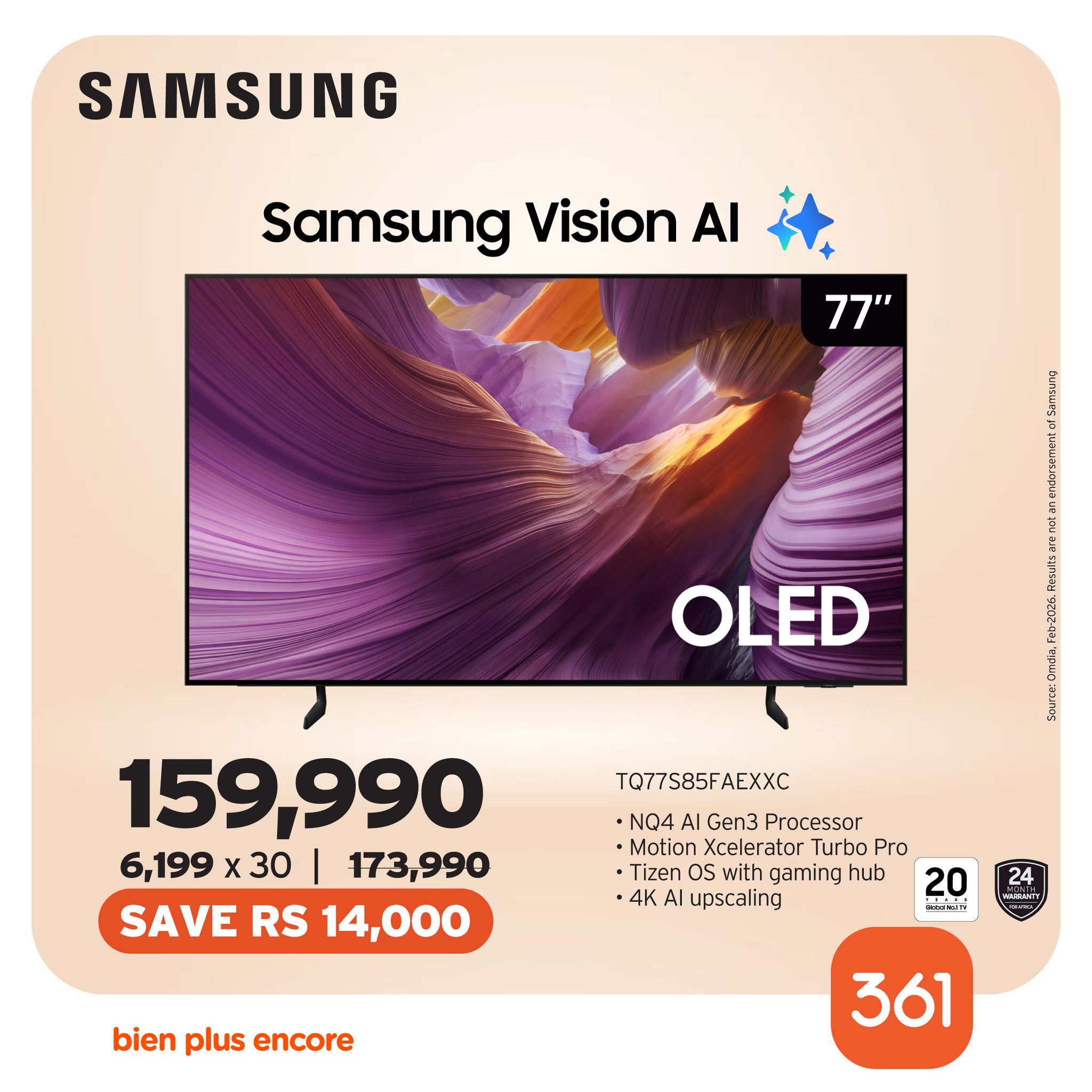 May be an image of ‎phone and ‎text that says "‎SAMSUNG Samsung Vision + 77" OLED Ae 김정 TQ77585FAEXXC TQ77585 159,990 6,199 χ 30 173,990 SAVE RS 14,000 ·NQ4 AI Gen3 Processor Motion Xcelerator Turbo Pro Tizen 05 with gaming hub 4K AI upscal...
