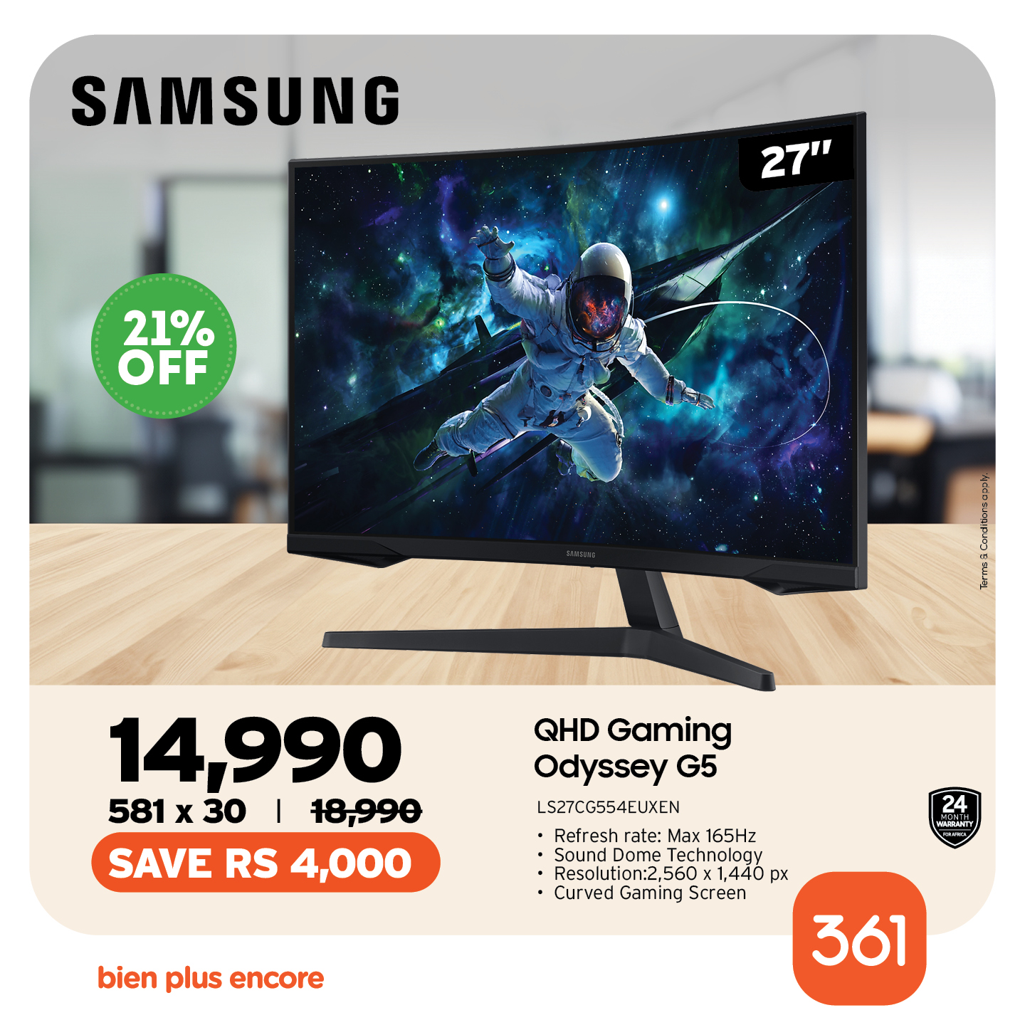 May be an image of television and text that says "SAMSUNG 27" 21% OFF 14,990 581 x 30 18,990 SAVE RS 4,000 QHD Gaming Odyssey G5 L527CG554EUXEN ·Refreshrate:Max165Hz Max 165Hz Refresh Sound Dome Technology SoundDomeTechnology Techn Resolution:2,560x1,...