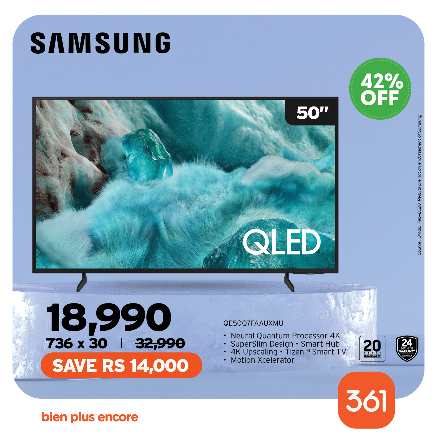 May be an image of ‎text that says "‎SAMSUNG 85" QLED 89,990 3,487 x 30 112,990 SAVE RS 23,000 TQ85Q7FAAUXXC Neural Quantum Processor 4K Super5lim Desian 1n•5 Hub I Upscaling Tizen SmartT Motion Xcelerator 24 W 20 ب bien plus encore 361‎"‎