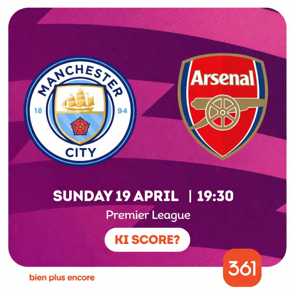 May be an image of American football and text that says "MAN MANCHESTER CHESTER 18 94 Arsenal CITY SUNDAY 19 19 APRIL I 19:30 Premier League KI SCORE? bien plus encore 361"