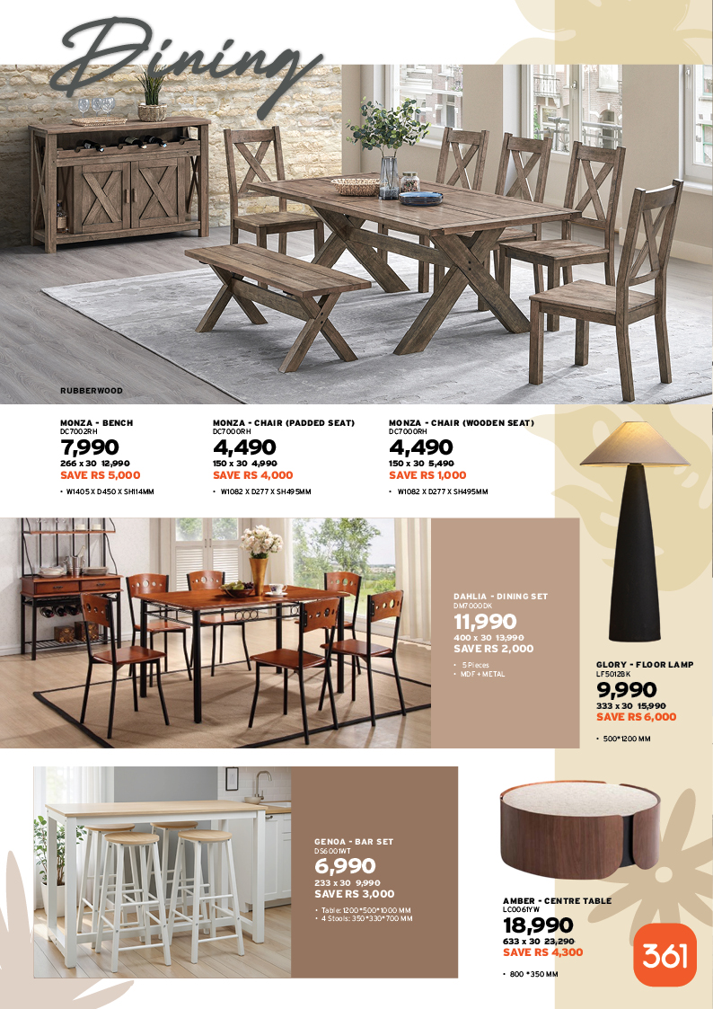 May be an image of table and text that says "Dining XIRK RUBBERWOOD MONZA BENCH 7,990 12,990 SAVE 5,000 Wd05XD450X5H14M ราสิท MONZA CHAIR (PADDED SEAT) DC700ORH 4,490 150x30 4,990 SAVE 54,000 W1082 X0277XSH495MM 0277XS MONZA CHAIR (WOODEN SEA...