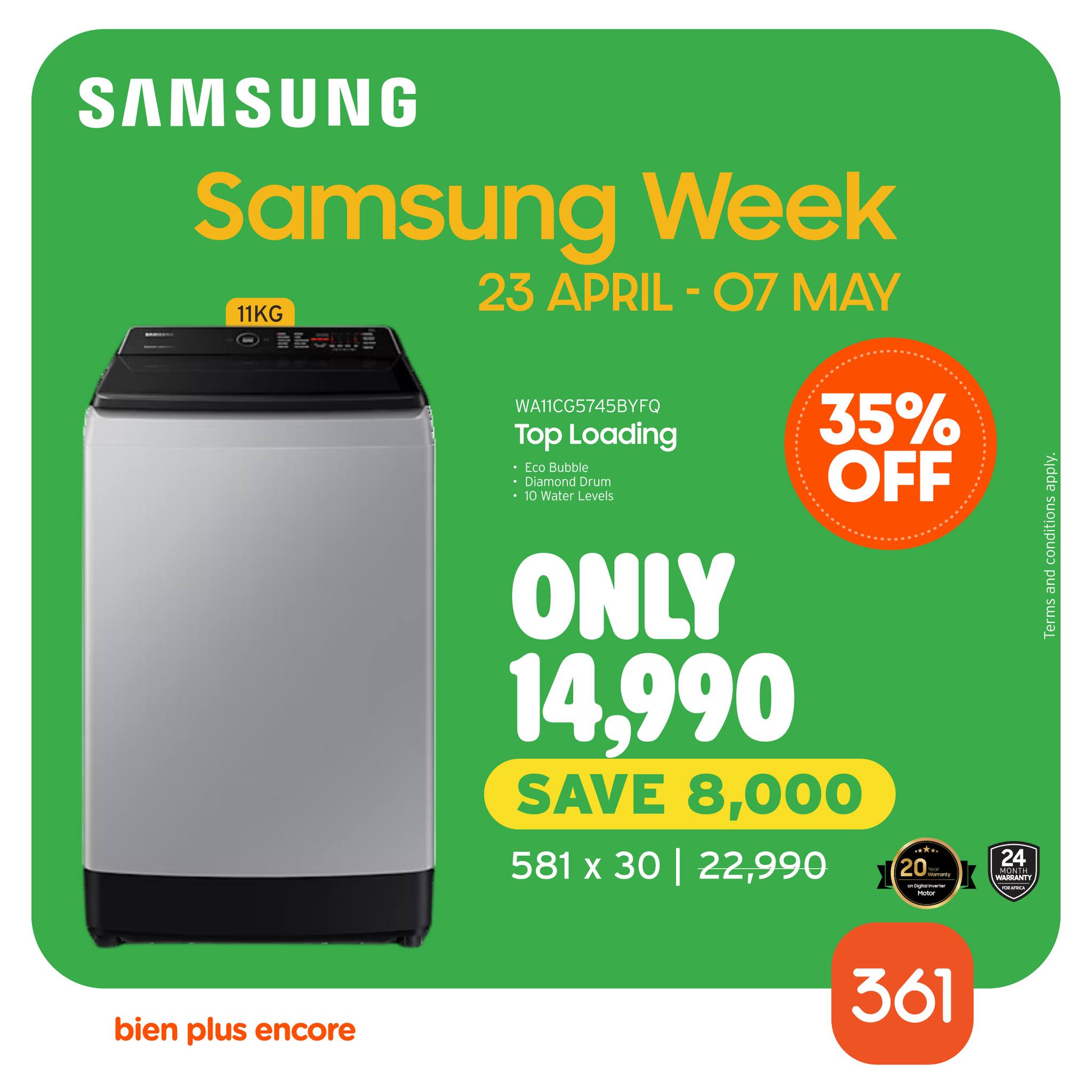 May be an image of water heater and text that says "11KG SAMSUNG Samsung Week 23 APRIL RIL- -07 MAY WATCG5745BYFQ TopLoading Top mF 10ater ister Levet 35% OFF MANA ONLY 14,990 SAVE8,000 8,000 SAVE 581 x 581x30|22,990 30 22,990 24 . bien plus bienplusen...