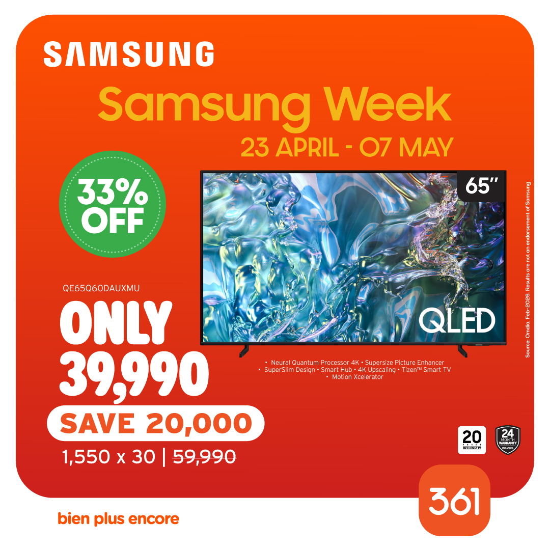 May be an image of phone and text that says "SAMSUNG Samsung Week 23 APRIL -07 MAY 33% OFF 65" QLED Neur Quantur Processor +HhersBurtra.saese SipesinCsoier 4K Ing. QE65060DAUXMU ONLY 39,990 SAVE 20,000 1,550 x 30 59,990 20 ".." 24 VIERARTY bien plus en...
