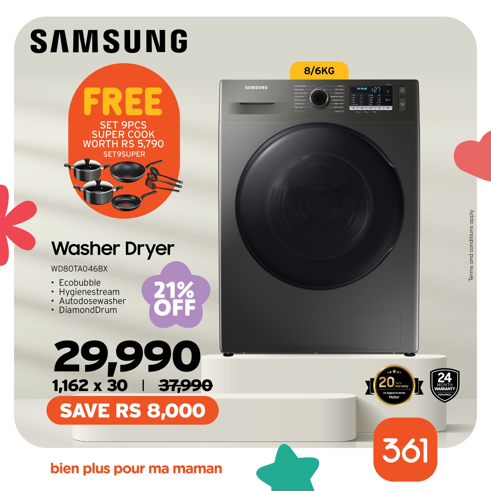 May be an image of ‎water heater and ‎text that says "‎SAMSUNG 8/6KG ي FREE SET9PCS SET 9PCS SUPERCOOK SUPE UPER K WORTHRS 5,790 SET9SUPER BEYGG Washer Dryer WDBOTA046BX Ecobubble Hygienestream Aulodosewasher DiamondDrum 21% OFF 29,990 1,162 x 3...