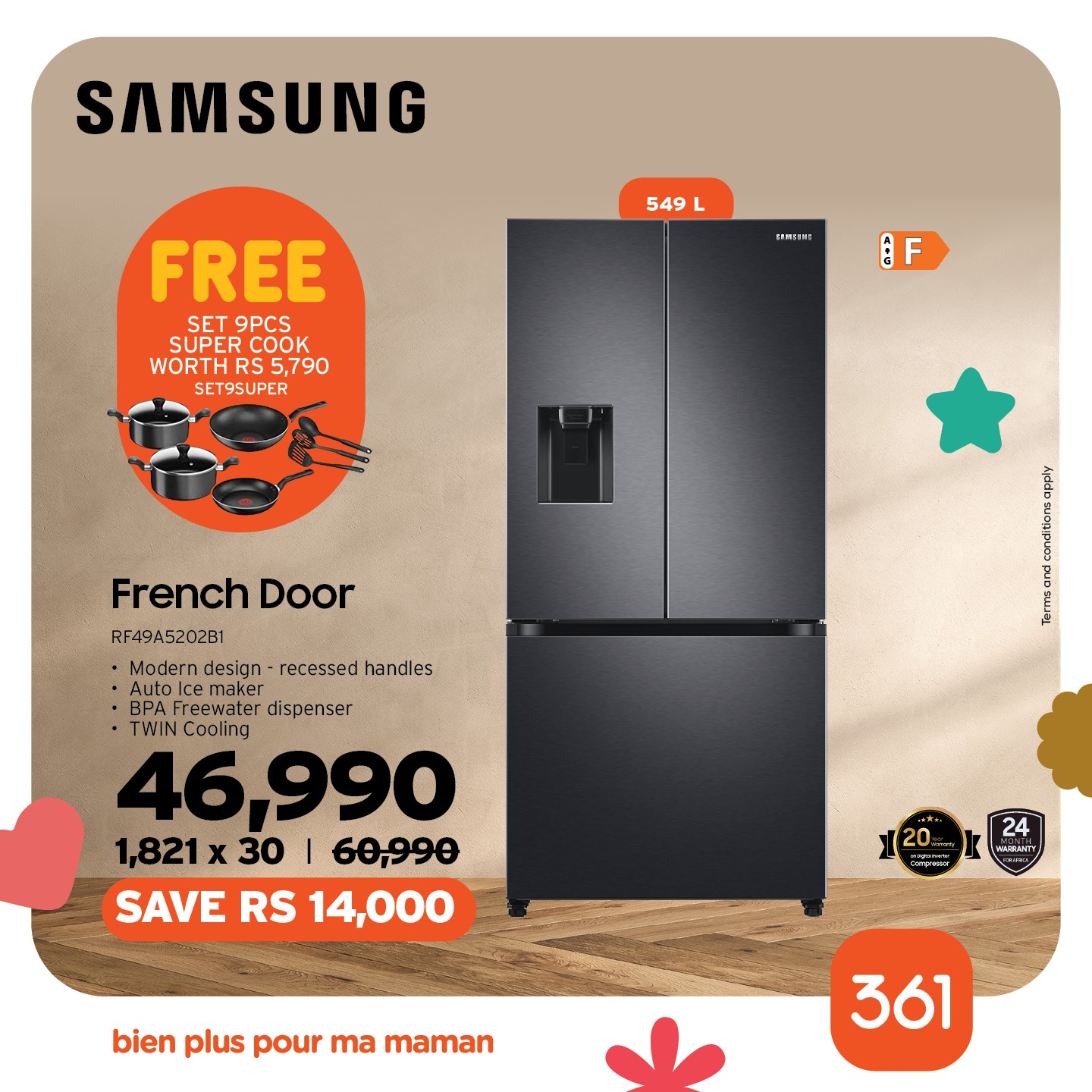 May be an image of text that says "SAMSUNG 549 L 1-MINSY FREE SET SET9PCS 9PCS SUPERCO COOK WORTH 5,790 SET9SUPER F French Door RF49A5202B1 Modern design recessed handles maker dispenser TWIN Cooling 46,990 1,821 x 30 I 60,990 SAVE RS 14,000 a B 1 20 2...