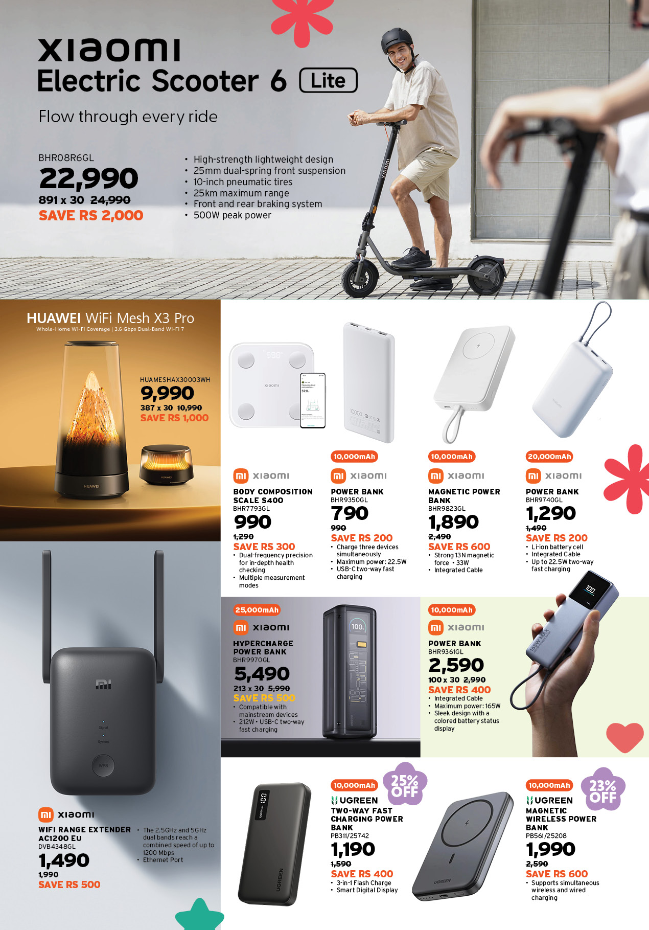 May be an image of phone, scooter, segway and text that says "Xiaomi Electric Scooter 6 Flow through every ride Lite BHR08R6GL 22,990 High-strength lightweightdesign suspension SAVE RS 2,000 braking system power HUAWEI WiFi Mesh X3 Pro HLANESH4X30C03NH...