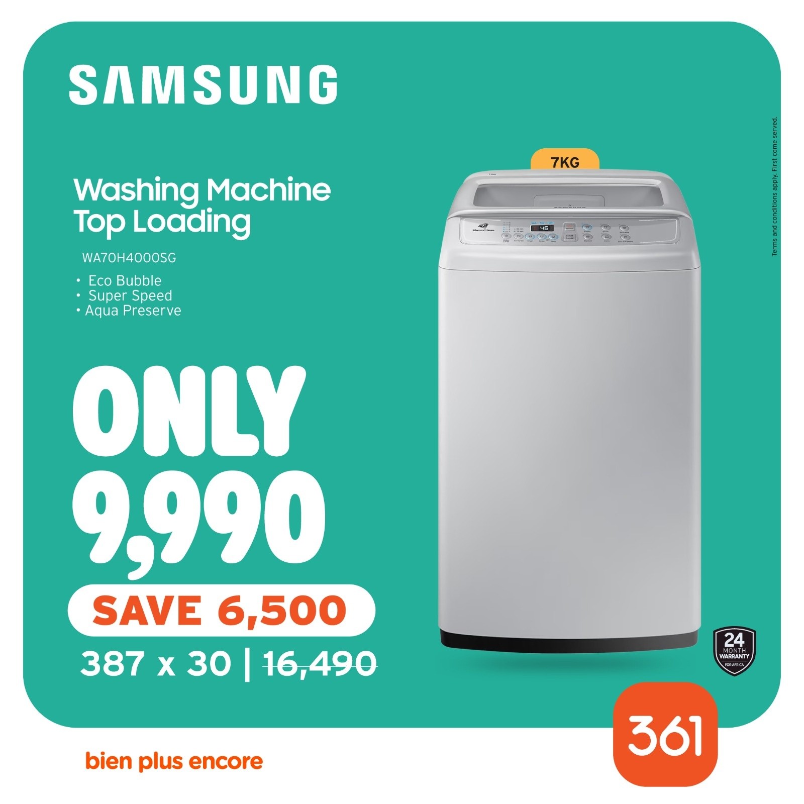 May be an image of water heater and text that says "SAMSUNG 7KG Washing Machine Top Loading WA70H40005G WA70 Eco Bubble Speed *и Preserve 平番日88片 229 つる ONLY 9,990 SAVE 6,500 16,490 387 X 30 24 bien plus encore 361"
