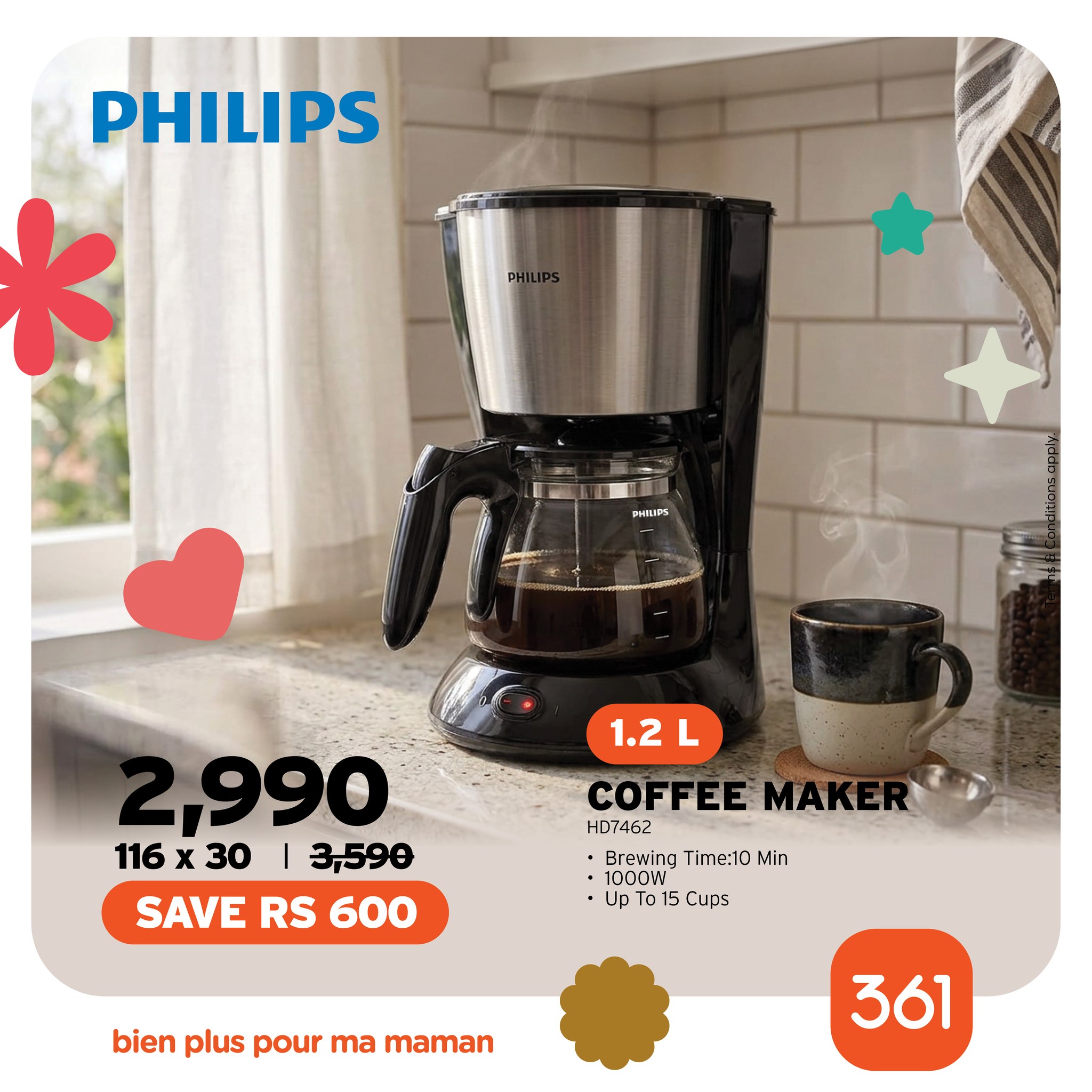 May be an image of coffee maker, coffee cup, tea strainer and text that says "PHILIPS PHILIS 2,990 116 x 30 I 3,590 SAVE RS 600 1.2 1.2L L COFFEE COFFEEMAKER MAKER HD7462 Brewing Time:10 BrewsingTime:10Min Min 1000W Up 019 15 15 Cups bien plus pour ma ...