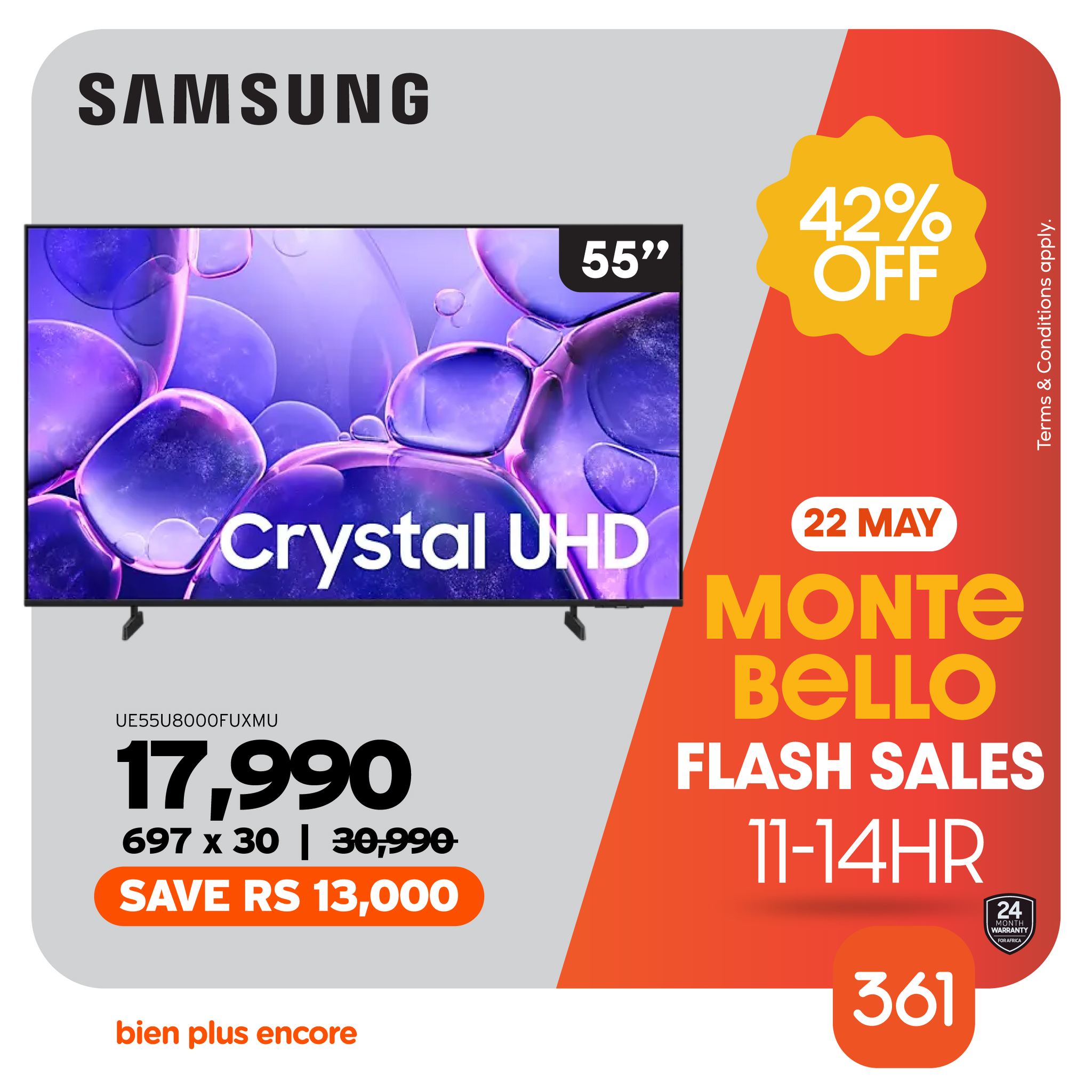 May be an image of ‎phone and ‎text that says "‎SAMSUNG 55" 42% OFF โร้า r ananan man طاه Crystal UHD 22 MAY UJE.SSUJ800OFLJXMU 17,990 697x30| I 30,990 697 x 30 SAVE RS 13,000 FLASH SALES 11-14HR bien plus encore 361‎"‎‎