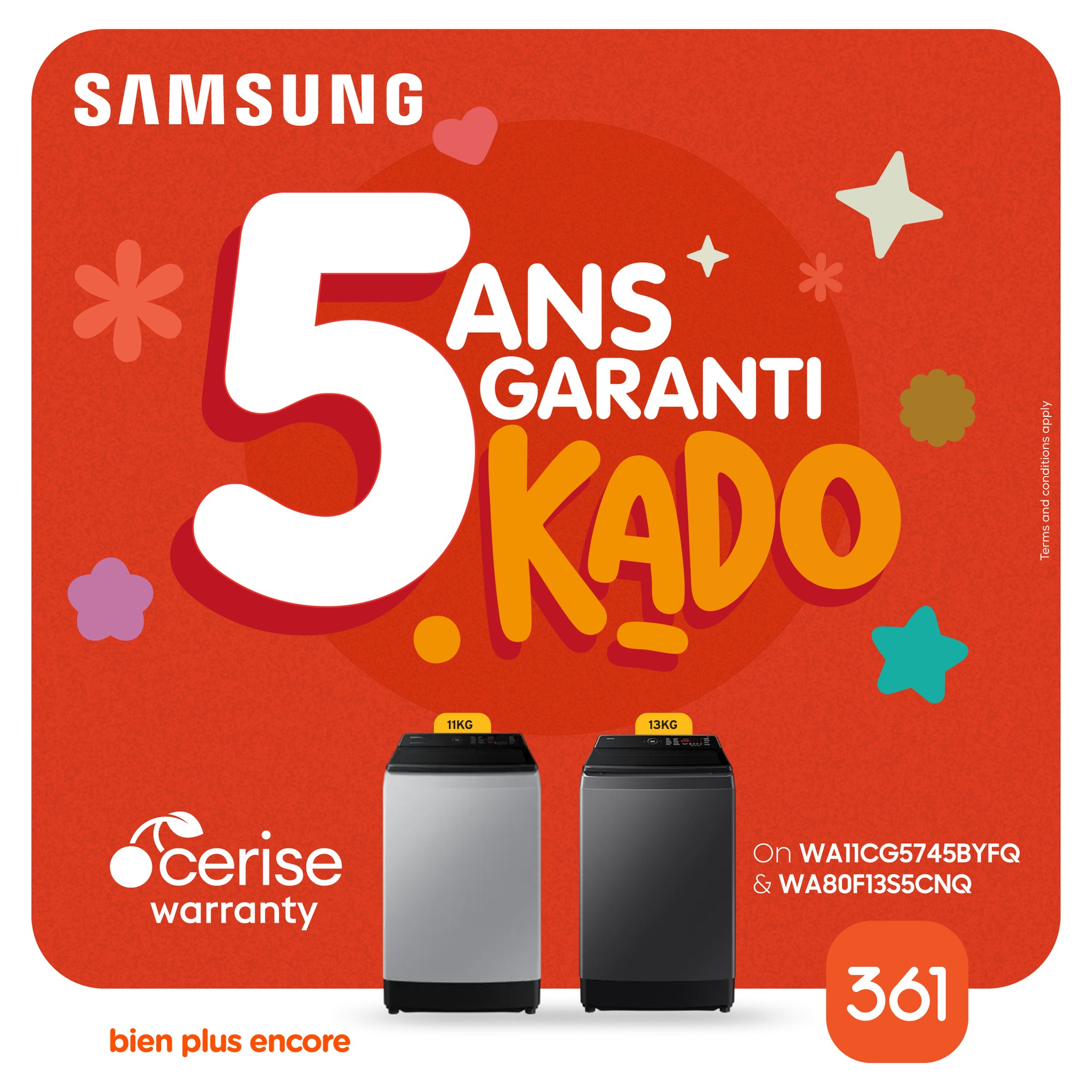 May be an image of text that says "SAMSUNG 5時の 5 KADO ANS GARANTI ANNA TIKG 13KG cerise warranty On WA11CG5745BYFQ & WA80F13S5CNQ bien plus encore 361"