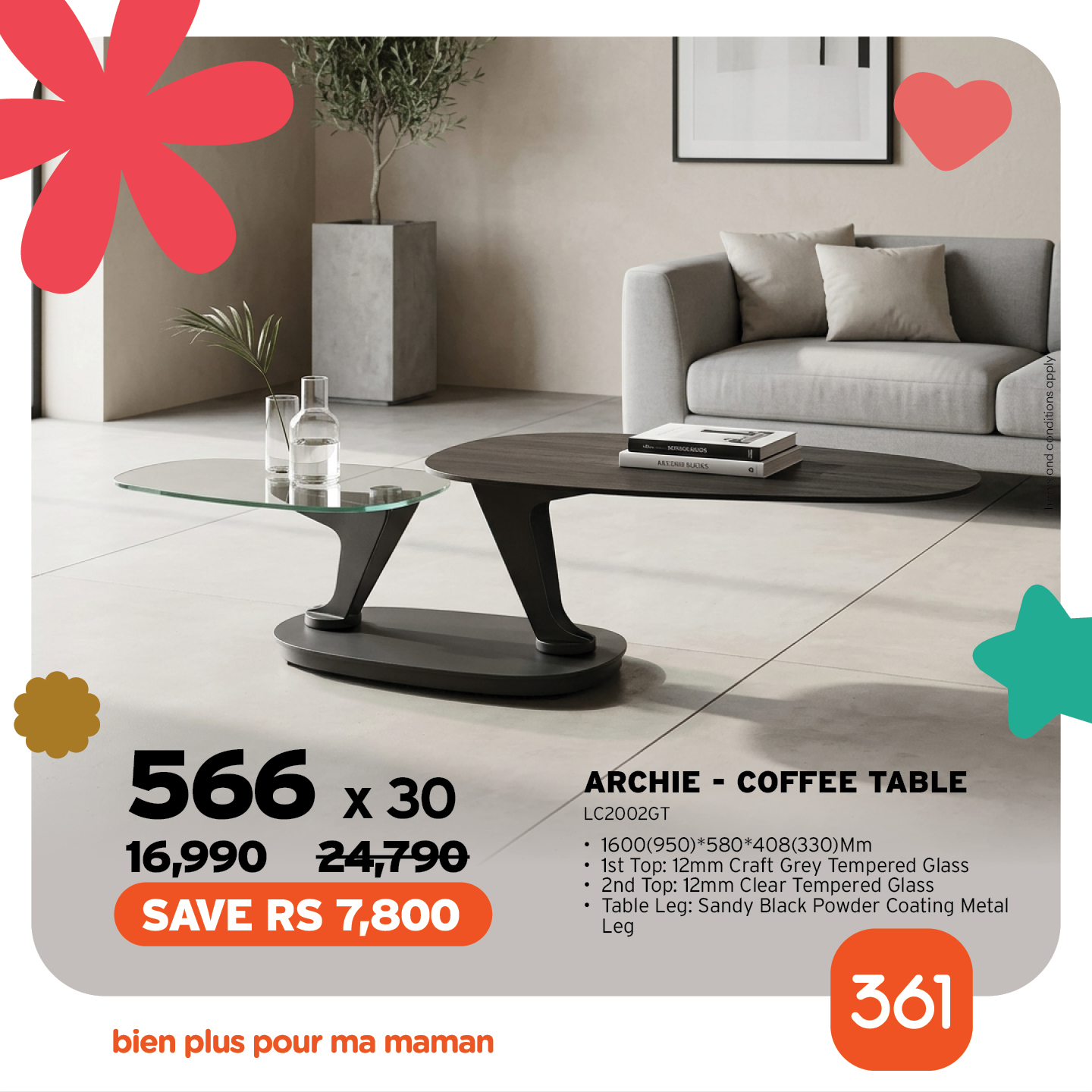 May be an image of table and text that says "氷 566 X x30 16,990 24,790 SAVE RS 7,800 COFFEE TABLE ARCHIE C2002GT 1500(950)*580*408(330)Mm stTop:12mCratGreyTemperedGls Tempered Glass 2nd op: 2ndTop:12mmClearTemperedGlass 2mm earT eTpeeA Glass TableL L...
