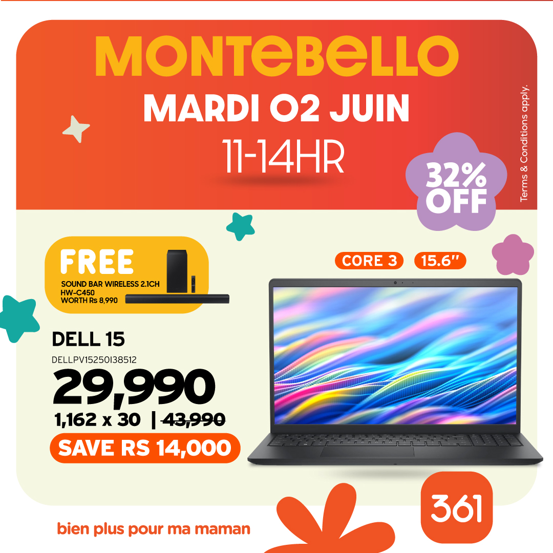 May be an image of text that says "MONTEBELLO MARDI O2 JUIN 11-14HR 홍을 L 32% 드들 ANE อี OFF FREE SOUND BAR MREL WIRELESS2.1CH ESS 1CH HW-C45 WORTHRs8.99 8,990 CORE 3 15.6" DELL 15 DELLPV15250138512 29,990 1,162 x 30 43,990 SAVE RS 14,000 bie...