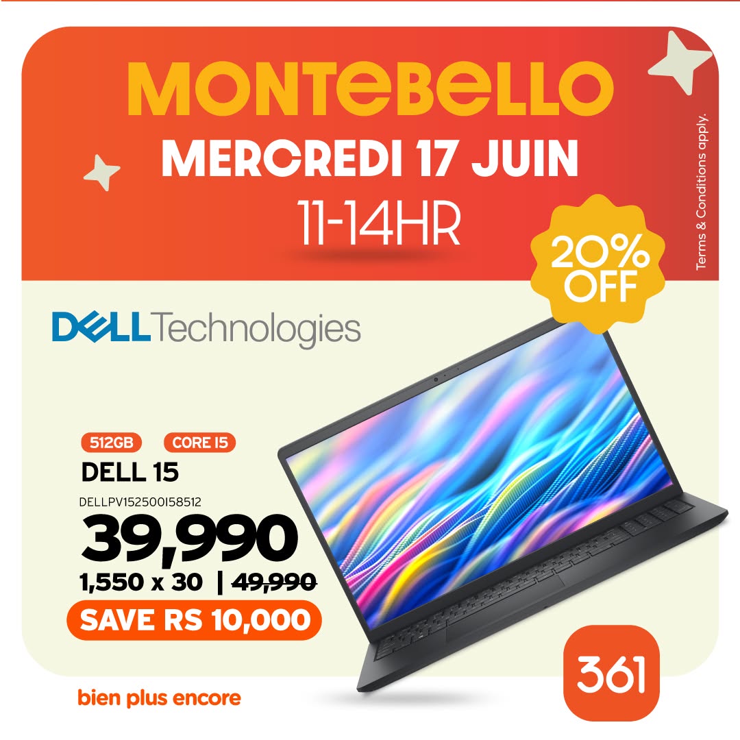 May be an image of ‎text that says "‎MONTEBELLO MERCREDI 17 JUIN 11-14HR 20% O 홈 או OFF DELL DELLTechnologies CORE 5 512GB DELL 15 DELLPV152500158512 39,990 1,550 x 30 49,990 SAVE RS 10,000 bien plus encore 361‎"‎