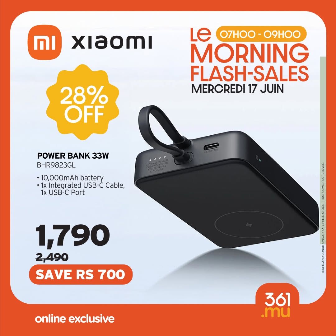 May be an image of phone and text that says "mI Xiaomi Le 07H0O- 09H00 MORNING FLASH-SALES SALES MERCREDI 17 JUIN 28% OFF POWER BANK POWERBANK33W 33W BHR9823GL 10,000mAh battery 1x Integrated USB-C Cable, 1xUSB-CPort 1x USB-C Port 1,790 2,490 SAVE RS S...