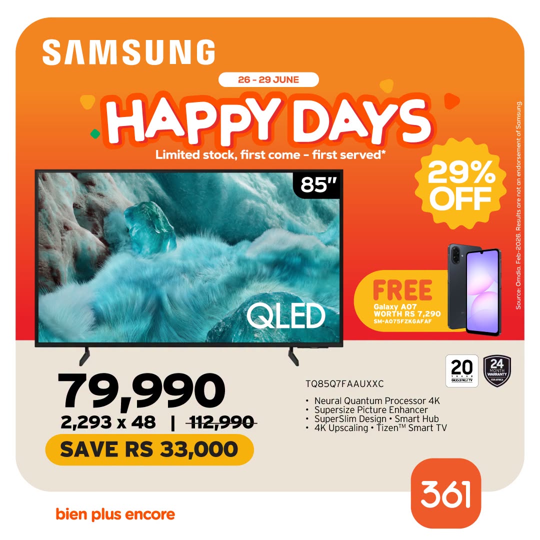 May be an image of phone and text that says "SAMSUNG 26 29 JUNE HAPPY DAYS Limited stock, first come first served* 29% OFF 85" FREE Galaxy WORTH ,290 SM-A0T3FZKGATAF QLED 1085Q7F TQ85Q7FAAUXXC AAUXXC 20 K4Ty 24 PASRMNTY HABOиИTe 79,990 2,293 x 48 112...