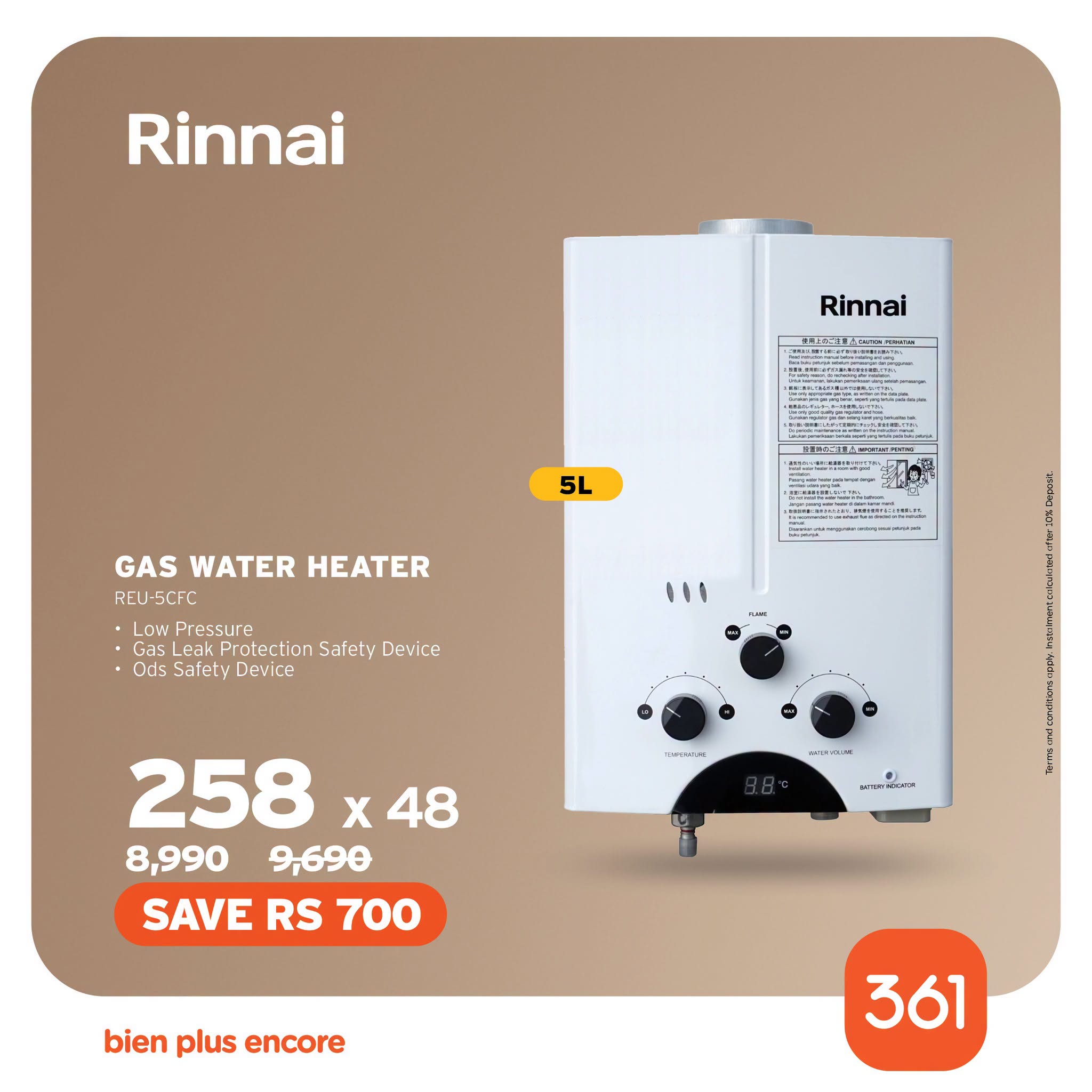 May be an image of water heater and text that says "Rinnai Rinnai 5L GAS WATER HEATER REU-SCFC Pressure Gas Leak Protection Safety Device Ods Salet Device . 11 Aлb EH-OAM 258 48 8,990 9,690 SAVE RS 700 มราหากอนชว bien plus encore 361"