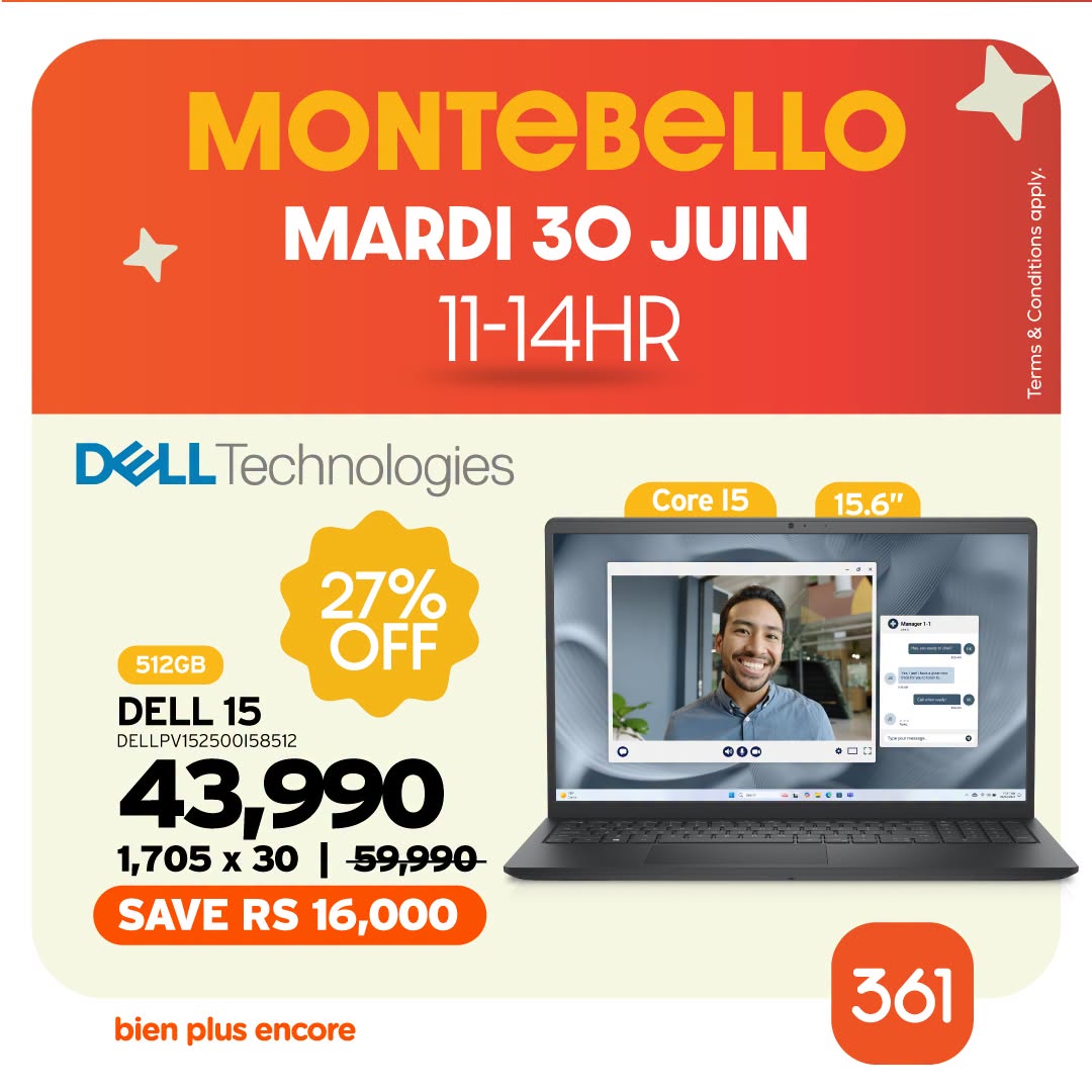 May be an image of text that says "MONTEBELLO MARDI 30 JUIN 11-14HR DELL LLTechnologies ema ema Fas Core15 15 15.6" 15. 27% OFF O PSERm 512GB DELL 15 DELLPV152500158512 43,990 1,705 x 30 -59,990 SAVE RS 16,000 a じ OO 0c ・・ム品日 bien plus enco...