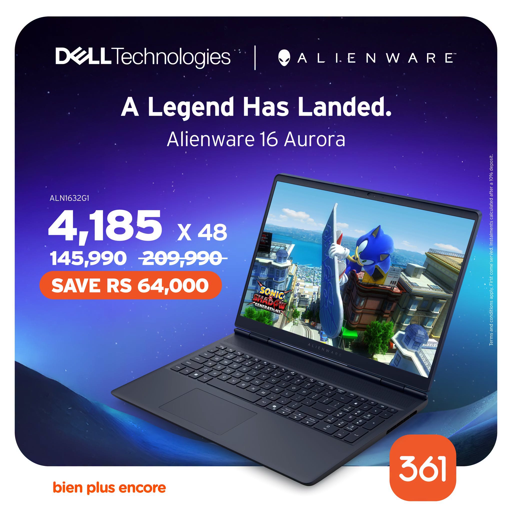 May be an image of text that says "DELL DELLTechnologies ALI.ENWARE A Legend Has Landed. Alienware 16 Aurora Aл N1632G1 4,185 X 48 145,990 209,990 SAVE RS 64,000 SAVERS64,000 64, សគជាយធពធយកាុ N ኢቅየሔሔሽና፡ "OKPOT- ...