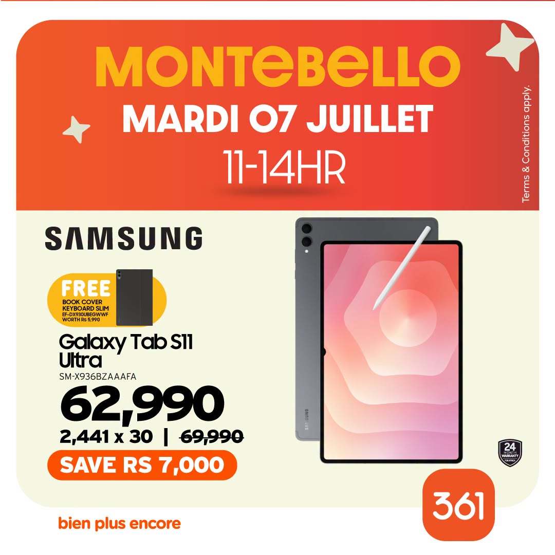 May be an image of ‎text that says "‎MONTEBELLO MARDI 07 JUILLET 11-14HR SAMSUNG Mona ORR em ส FREE BOOKO KEYBOARD OOKCOVER PRSUM SLIM KEYBOARDSLI ИOETH R5,940 Galaxy GalaxyTab TabS11 S11 Ultra SM-X936BZAAAFA 62,990 2,441 x 30 69,990 SAVE RS 7,0...