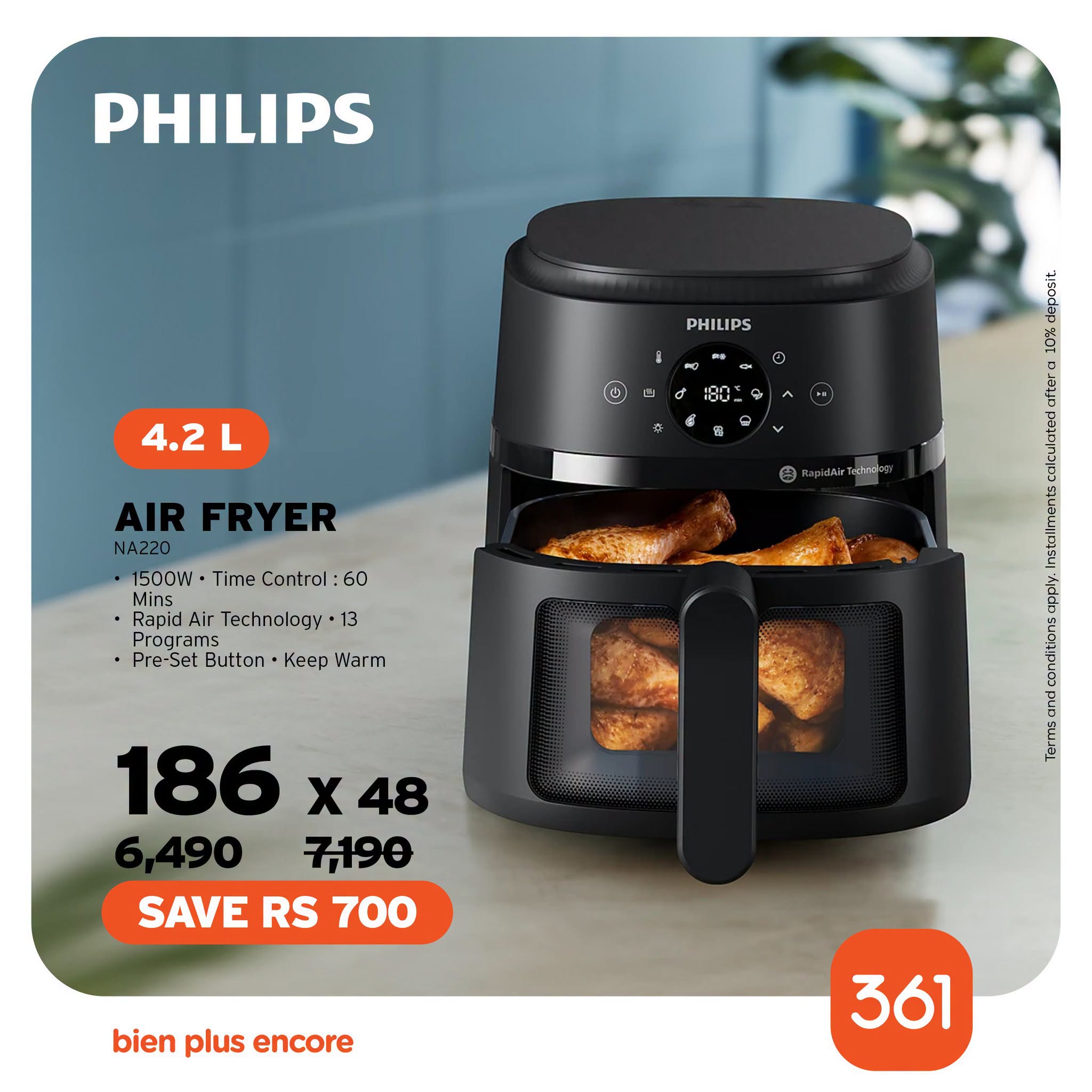 May be an image of text that says "PHILIPS PHILIPS 4.2 L ធ 00 G 19T 当 RapilaarTutrus trues AIR FRYER NA220 1500W•TimeControl:60 1500W Time Control 60 Rapid Air Technology 13 Programs Pre-set Button Keep War Warr m 186 X48 7,190 SAVE RS 700 bien p...