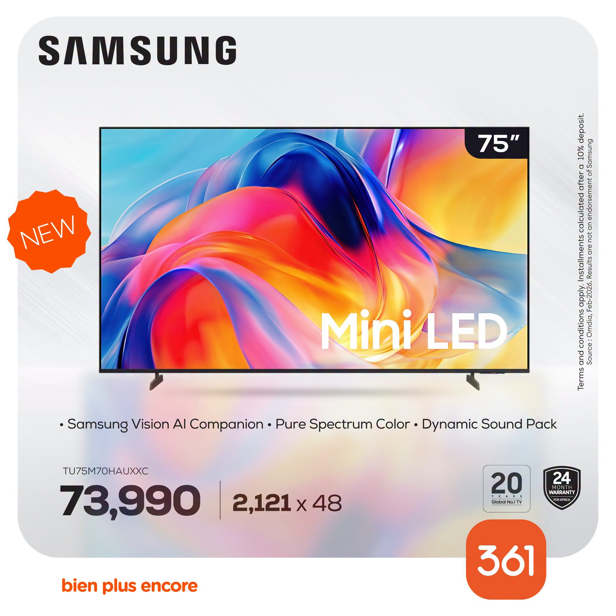 May be an image of phone and text that says "SAMSUNG 75" " NEW IRHnE::! MiniLED •Samsung Vision Al Companion• Pure Spectrum Color Dynamic Sound Pack TJ75M70HALXXC 73,990 2,121 x 48 24 RUSUHTY 20 Ciotet1o1T bien plus encore 361"