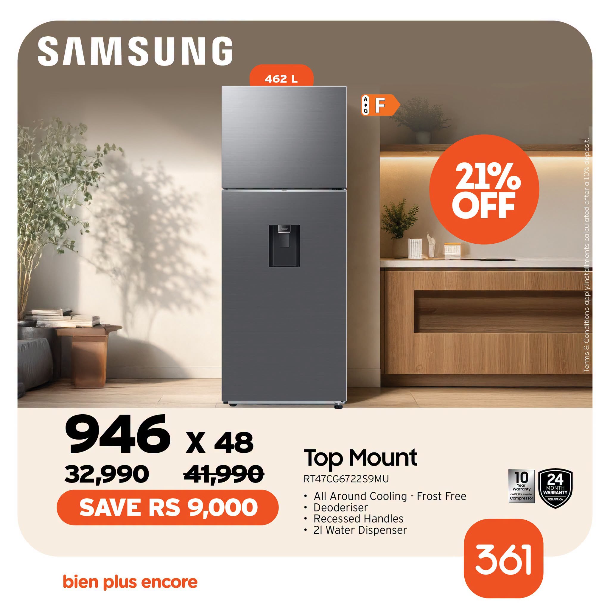 May be an image of water heater and text that says "SAMSUNG 462 四 G F 21% OFF 946 X X48 32,990 41,990 SAVE RS 9,000 Top Mount RT47CG672259MU AroundCooling-FrostFree Around Cooling Frost Free Deoderiser Recessed Handles 21 2/WaterDispenser water Dispe...