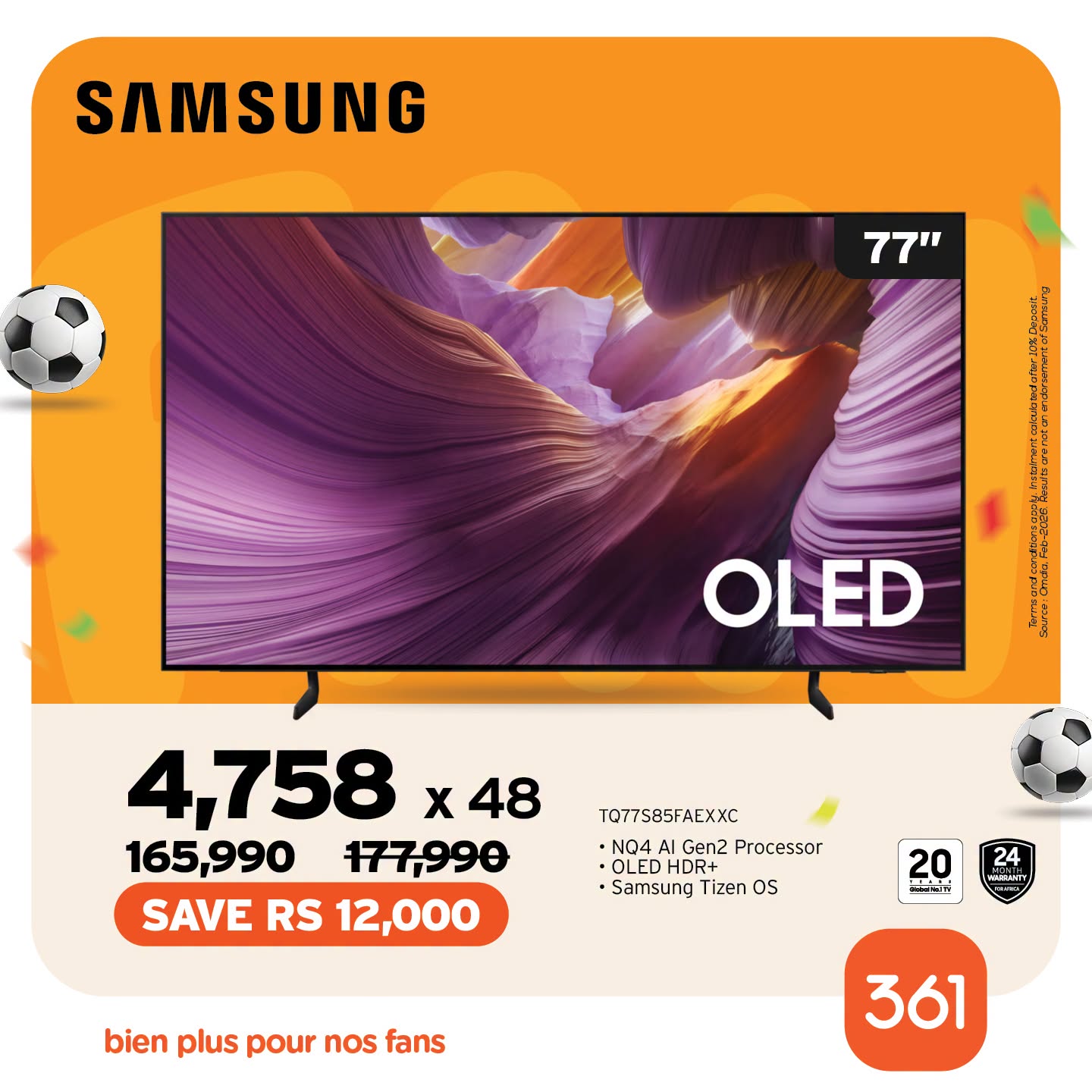 May be an image of ‎text that says "‎SAMSUNG 77" OLED က 4,758 x 48 165,990 177,990 SAVE RS 12,000 TQ77S85FAEXXC NQ4 Gen2 Processor OLEDH HDR+ Samsung Tizen OS 20 حجة 24 AVEbNr POVEIOANT bien plus pour nos fans 361‎"‎
