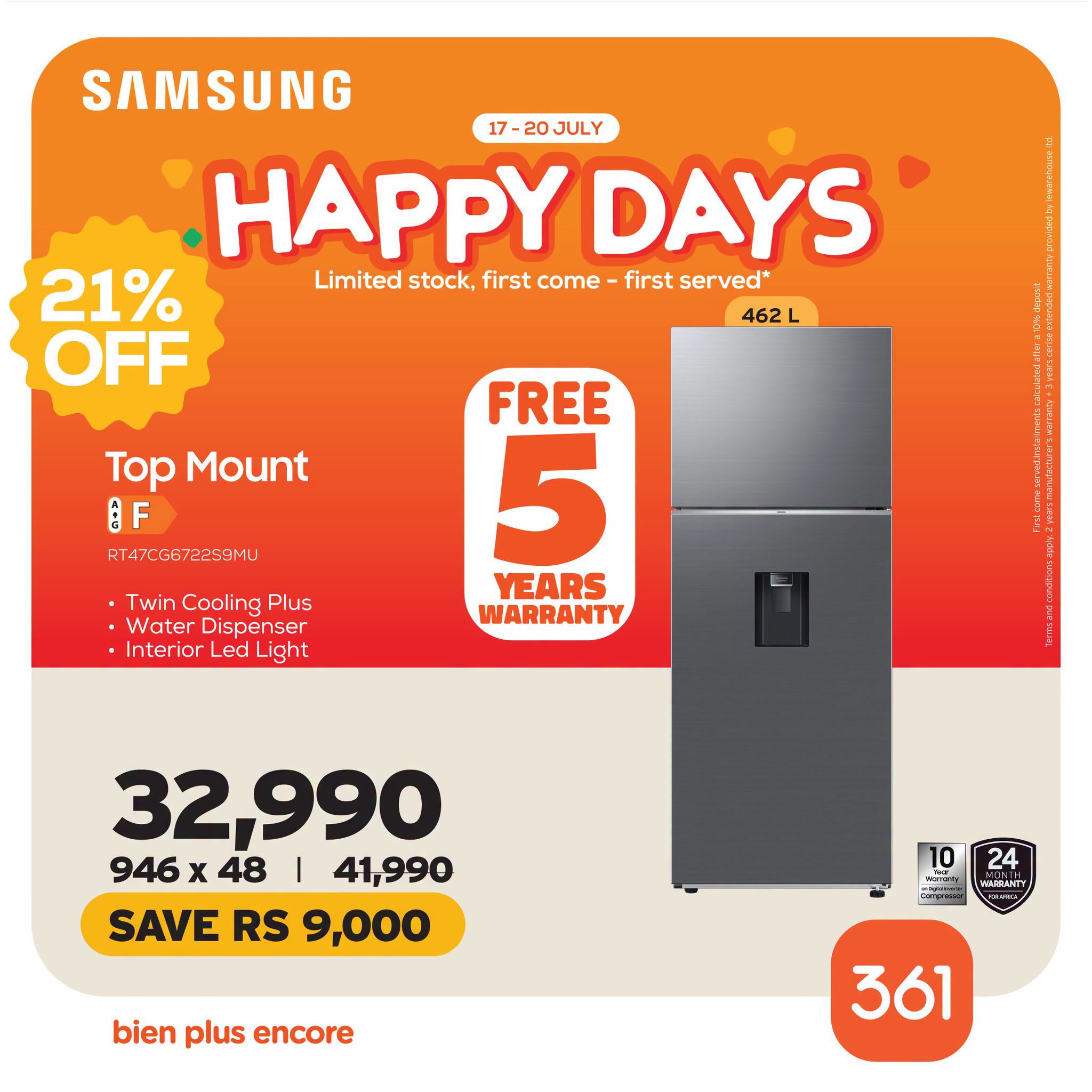 May be an image of water heater and text that says "SAMSUNG 17 -20 JULY HAPPY PPYDAYS DAYS 21% Limited stock, first come first served* OFF 462 Top Mount OF R14/CG6 14/CG6/2250M /안안성일.. FREE 5 YEARS WARRANTY Twin Cooling Plus Water Dispenser Int...