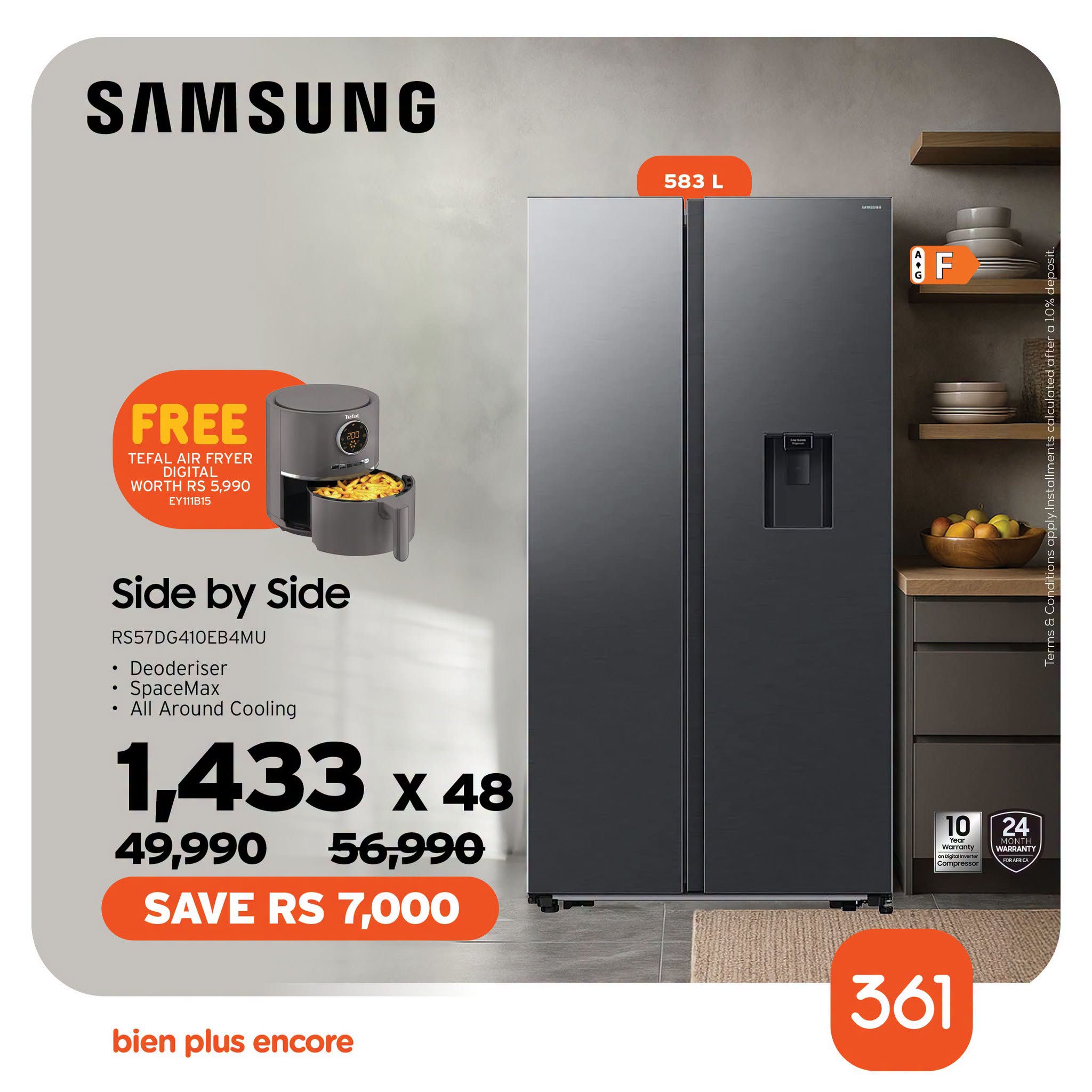 May be an image of water heater and text that says "SAMSUNG 583 L F FREE TEFAL LAIR FRYER WOR 5,990 EYIIIDIS Side by Side RS570G410EB4MU Deoderiser SpaceMax All Around ||AroundCooling Cooling 1,433 X X48 49,990 56,990 SAVE RS 7,000 1024 24 W原) M bien...