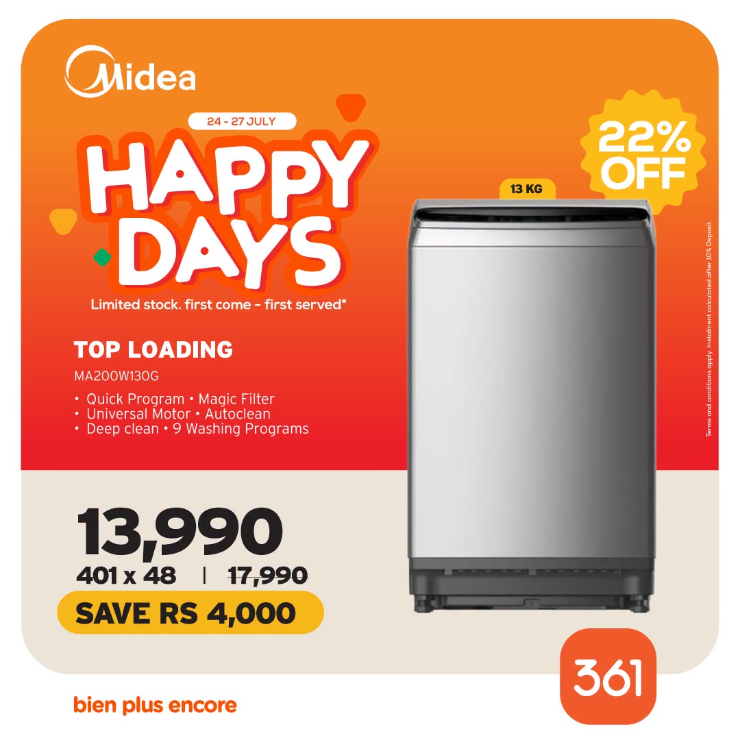 May be an image of water heater and text that says "13 13KG Midea HAPPY 24- 27JULY DAYS Limited stock. first come first served* 22% OFF TOP LOADING MA200W130G Quick Program Magio Filter Universal Motor Autoclean Deep lean Washing Programs 13,990 401 x ...