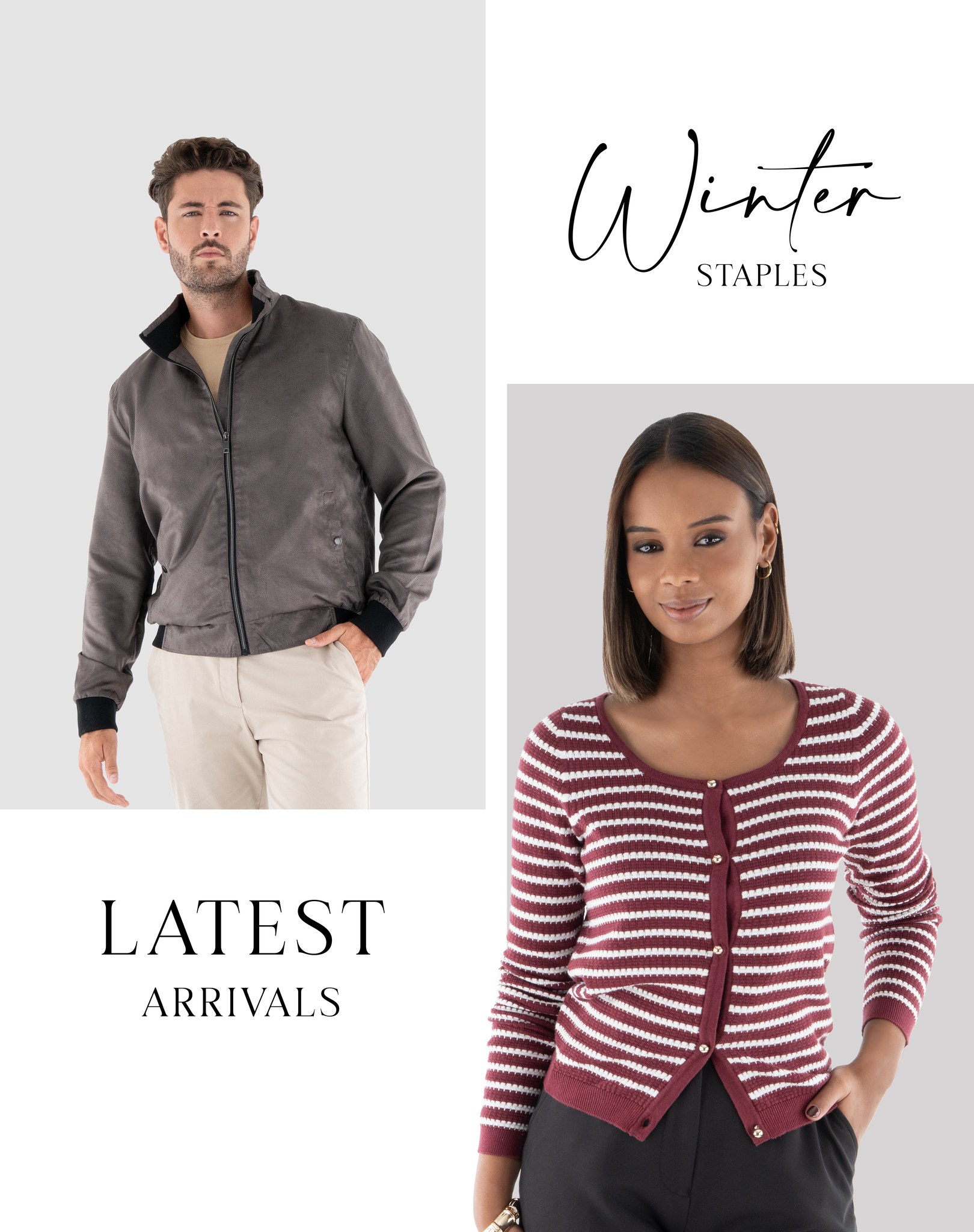 May be an image of sleepwear and text that says "Winter STAPLES LATEST ARRIVALS"