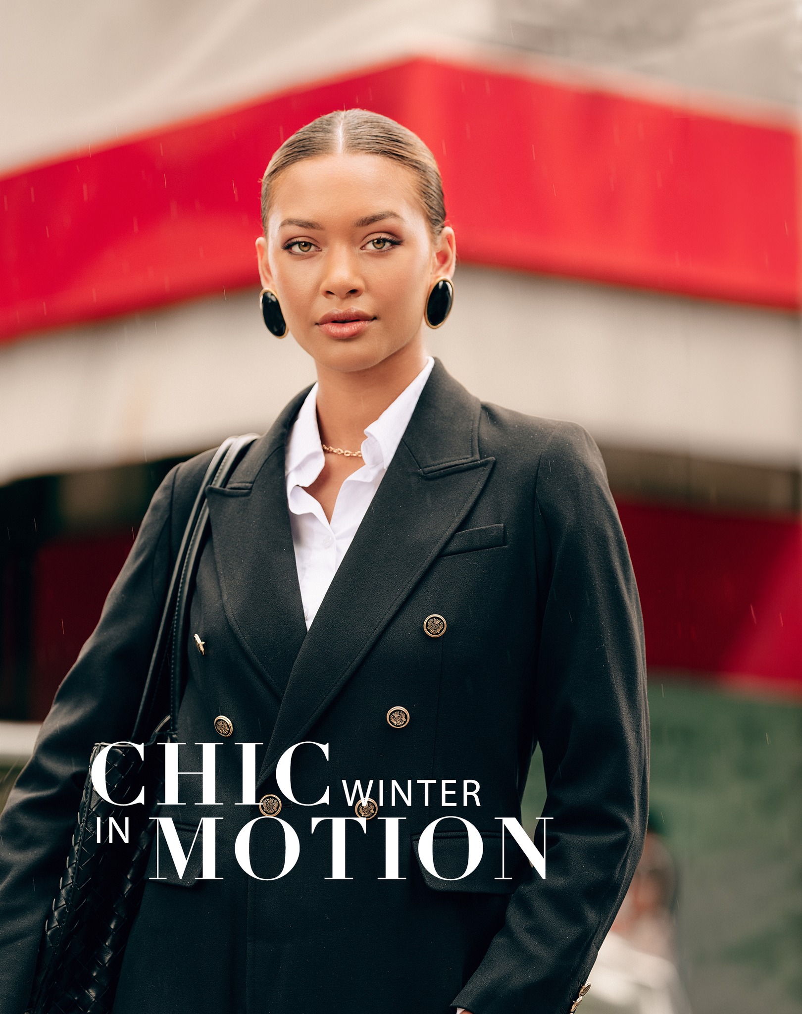 May be an image of suit, overcoat and text that says "CHIC WINTER IN IN MOTION"
